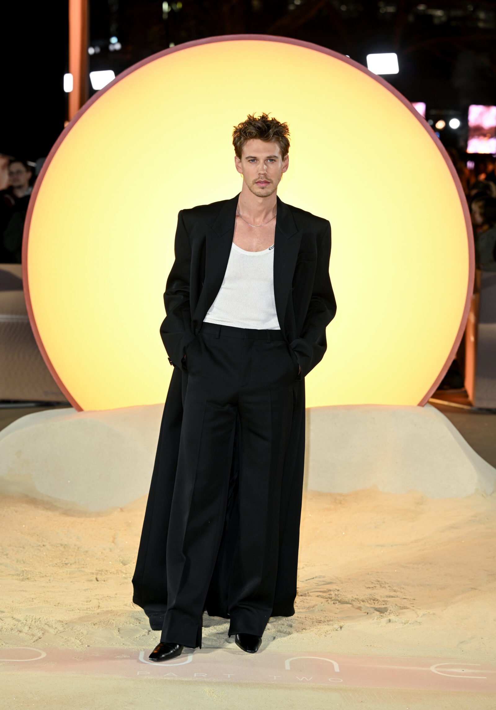 LONDON, ENGLAND - FEBRUARY 15: Austin Butler radiates in Gucci at the "Dune: Part Two" World Premiere, held in Leicester Square on February 15, 2024. (Photo by Gareth Cattermole/Getty Images)