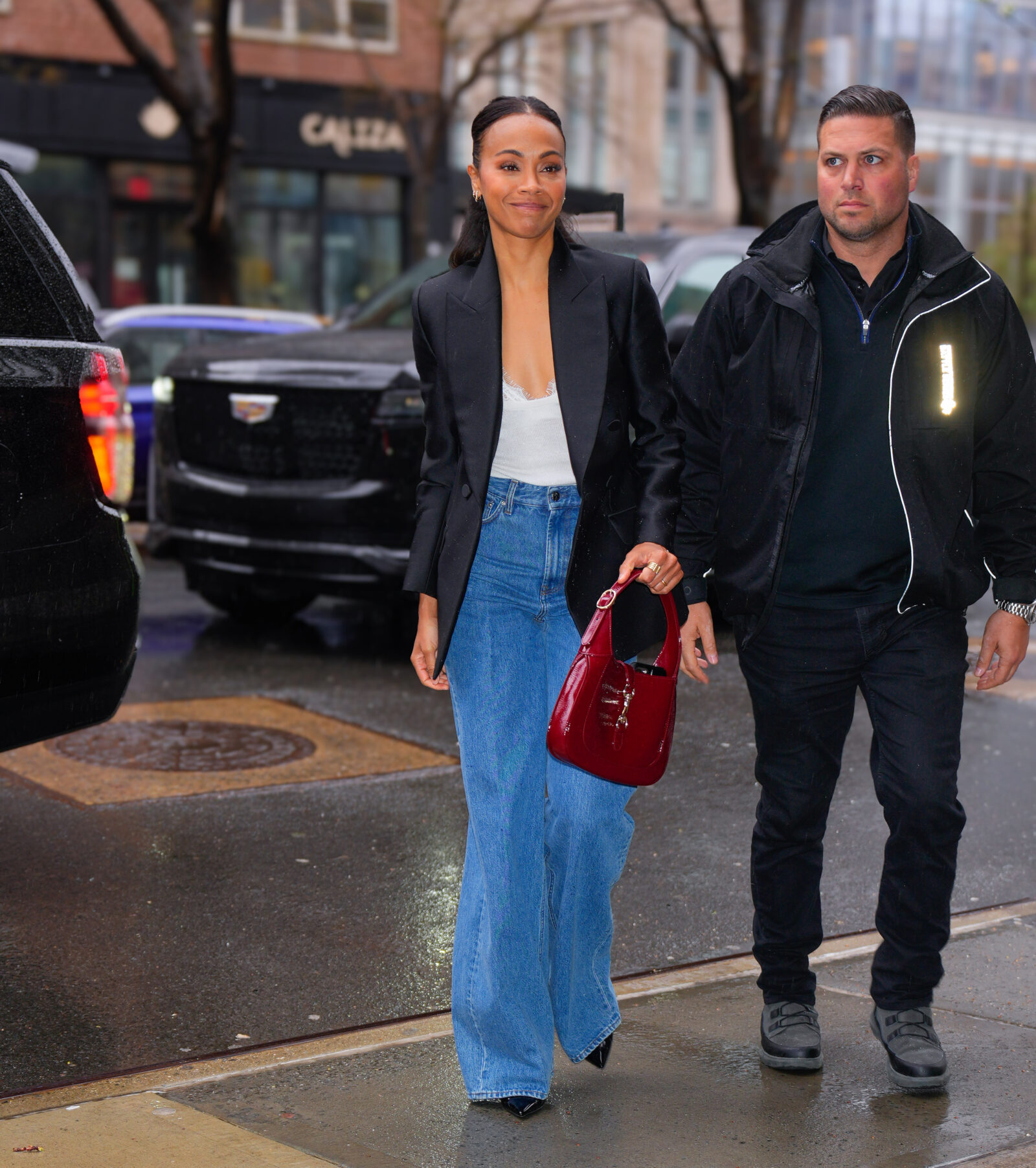 Captured on March 28, 2024, Zoe Saldaña radiates effortless style in the heart of New York City. (Photo courtesy of Gotham/GC Images)