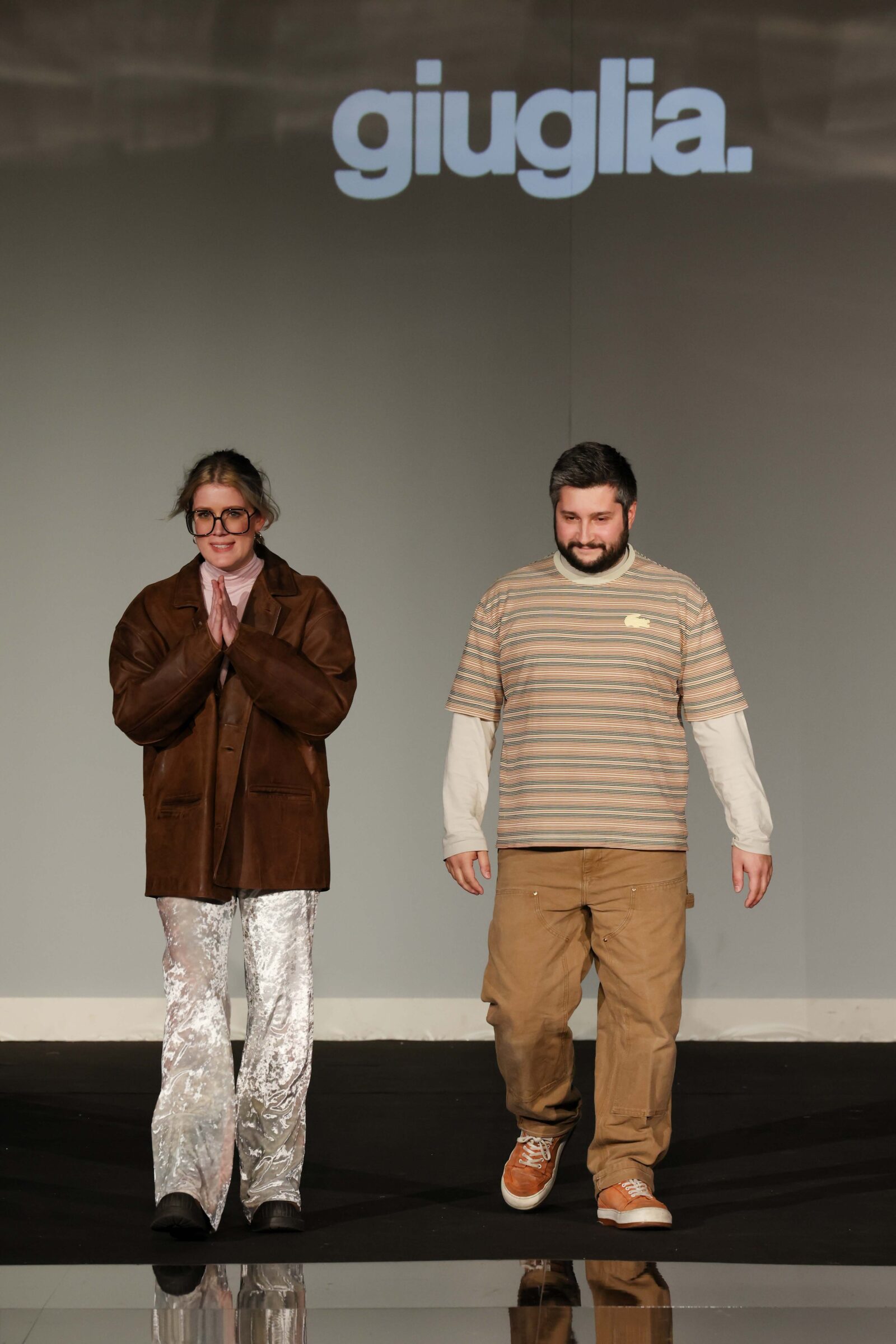 giuglia. founders Giulia Selva and Angelo Trinca at the giuglia. Fall/Winter 2024 show at Milan Fashion Week.