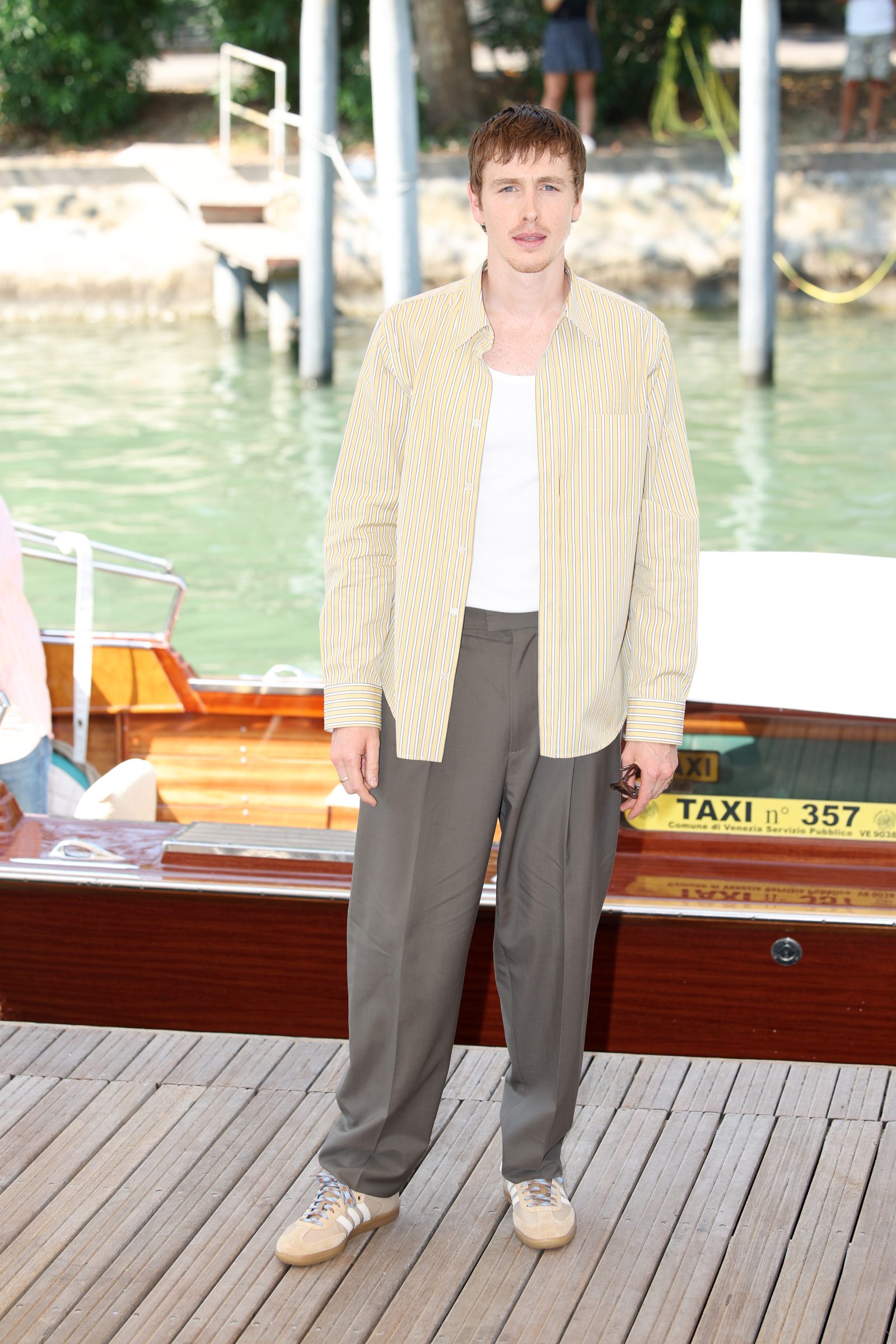 Harris Dickinson is seen at the pier of the Palazzo del Casino during the 81st Venice International Film Festival on August 30, 2024 in Venice, Italy. (Photo by Daniele Venturelli/WireImage)