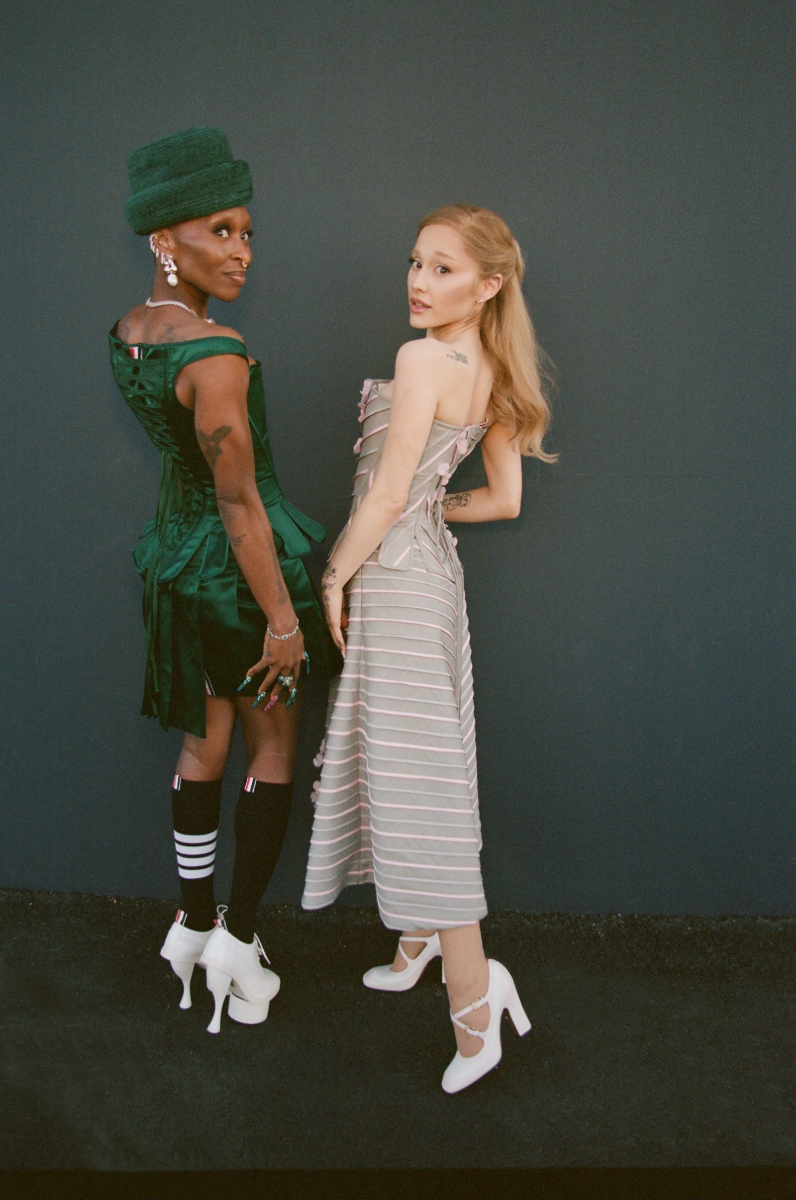 Ariana Grande and Cynthia Erivo at the “Wicked” press event in Los Angeles wearing custom Thom Browne, November 2024 (Image: Courtesy of Thom Browne)