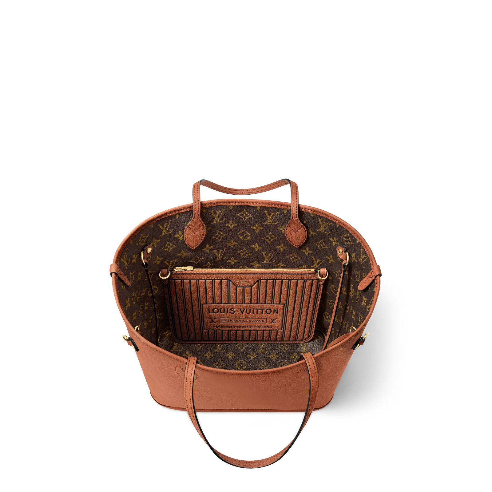 Interior: Louis Vuitton Neverfull Inside Out MM size in tan ($3,000)