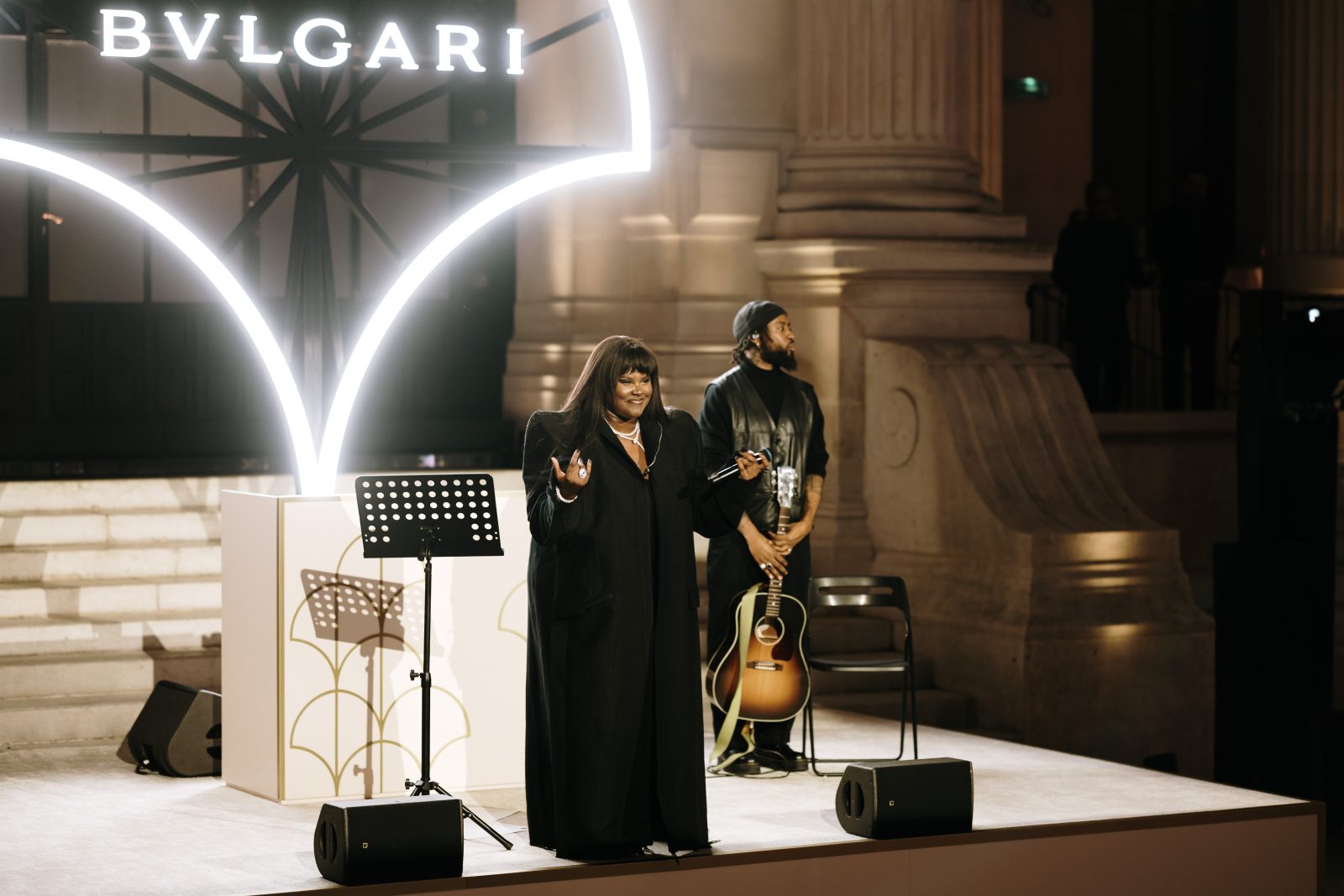 French singer and songwriter Yseult performed under the colonnades for an enchanting evening at the BVLGARI Calla event at Palais Galliera, Musée de la Mode de Paris during Paris Fashion Week.