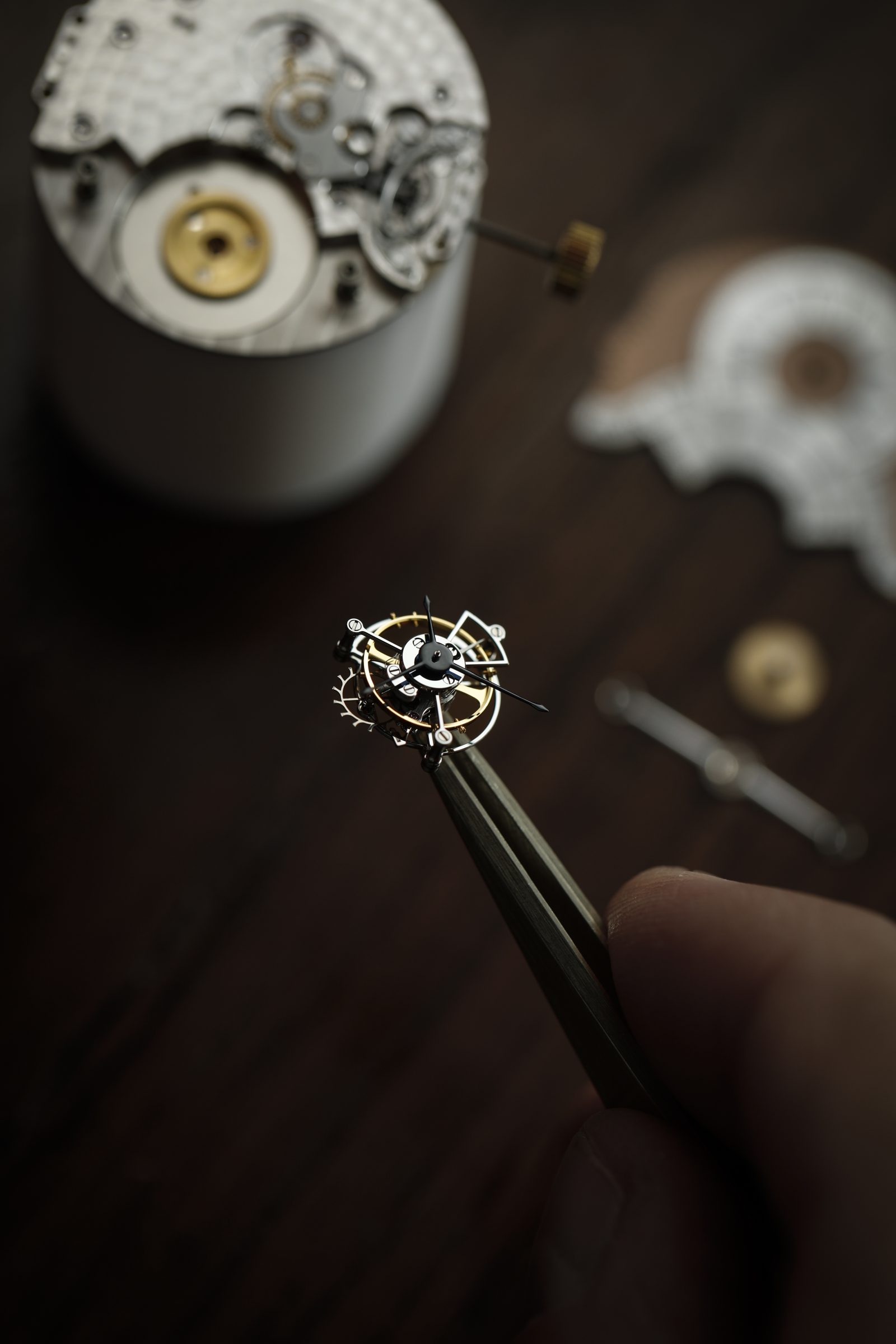 A close up detail of the Daniel Roth DR001 caliber Tourbillon movement conceived from the ground up and manufactured at La Fabrique du Temps, an homage to traditional Swiss watchmaking