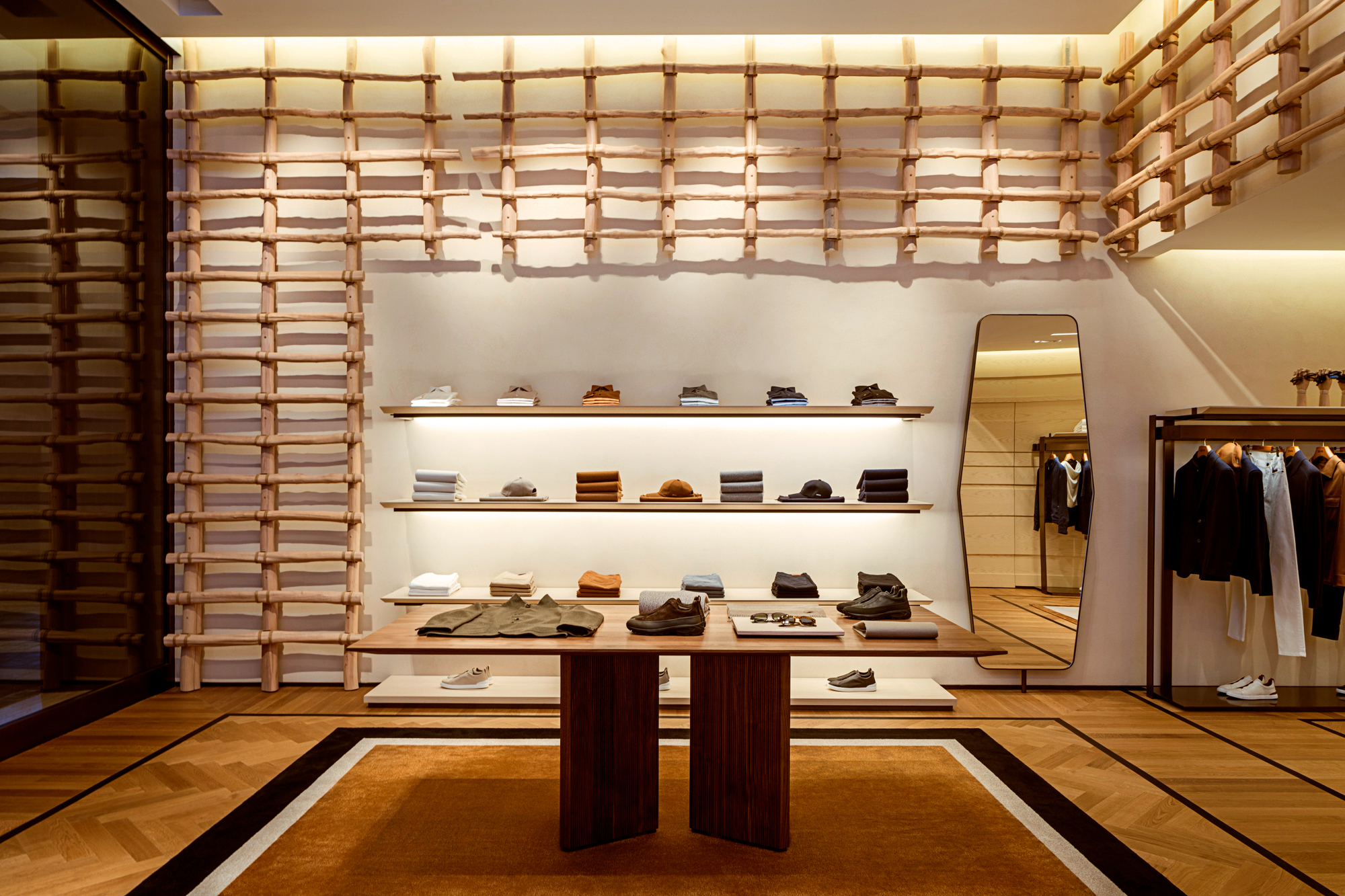 The boutique's distinctive wooden lattice wall detail, highlighting ZEGNA's commitment to Hawaiian architectural traditions (Image: ZEGNA)