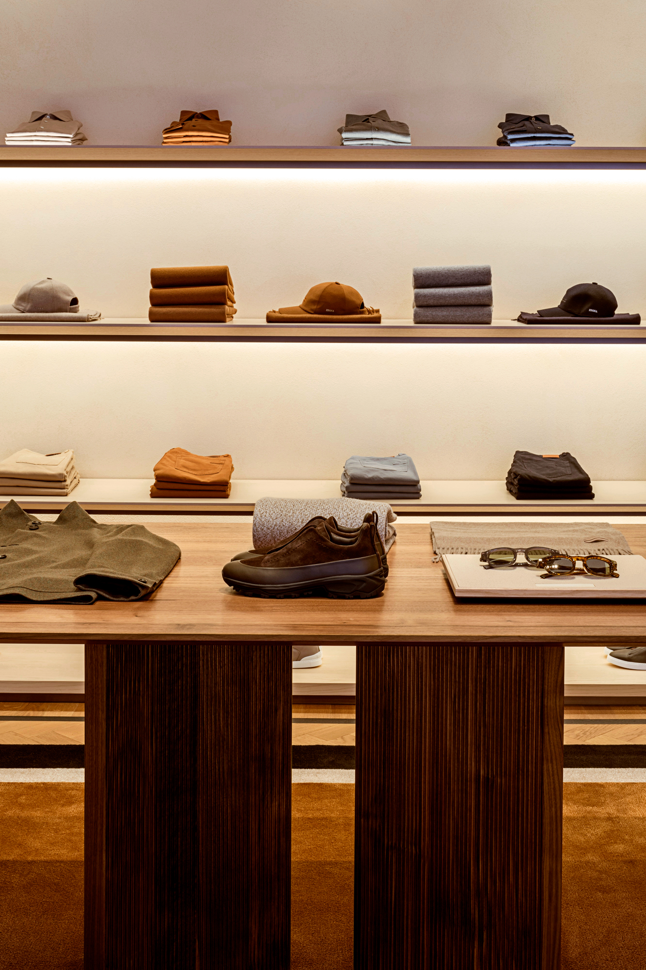 Detail of the boutique's minimalist display featuring the latest innovations in knitwear and accessories (Image: ZEGNA)
