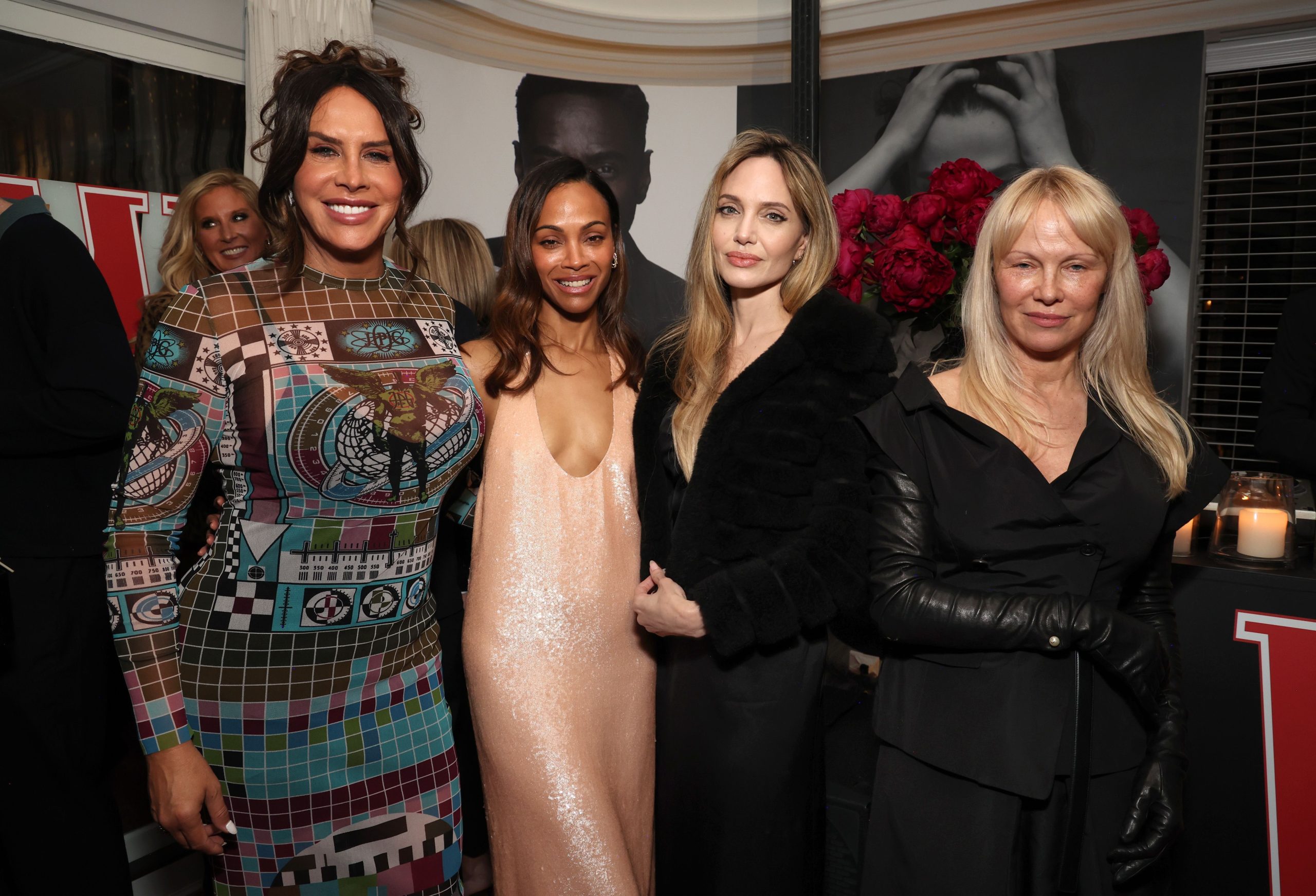 (L-R) Karla Sofía Gascón, Zoe Saldana, Angelina Jolie and Pamela Anderson attend W Magazine's Annual Best Performances Party at Chateau Marmont on January 04, 2025 in Los Angeles, California. (Photo by Kevin Mazur/Getty Images for W Magazine) Karla Sofía Gascón, Zoe Saldana, Angelina Jolie and Pamela Anderson