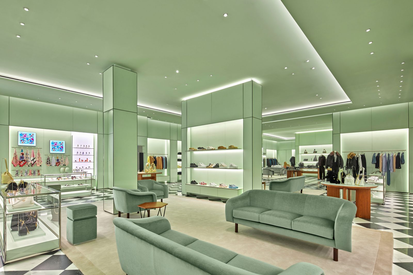 Inside Prada's new Troy boutique, signature green velvet seating complements the house's iconic black and white checkered marble floors. (Photo: Courtesy of Prada)
