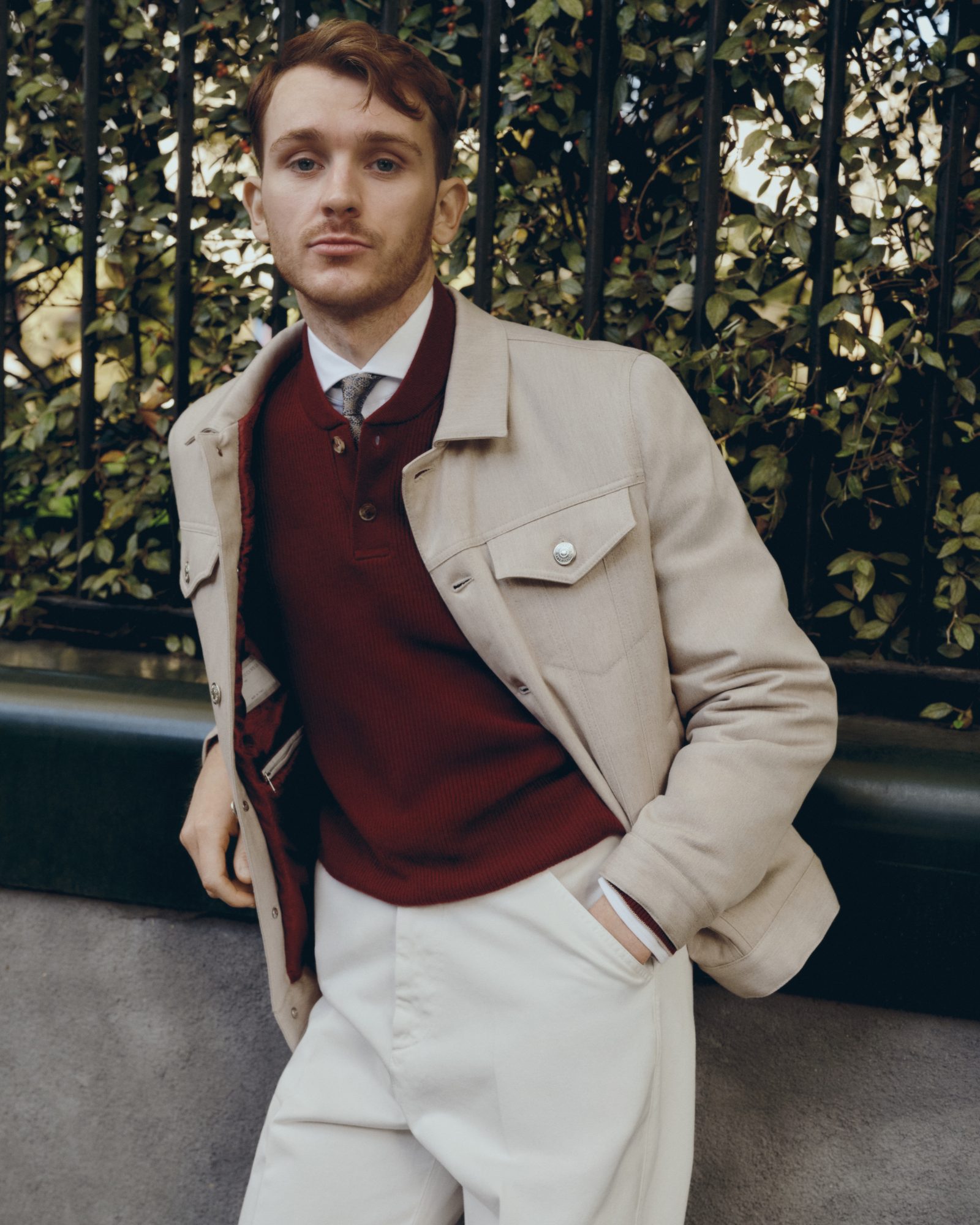 A closer look at the men’s collection reveals Cucinelli’s mastery of tonal dressing, with a burgundy knit layered beneath a structured camel jacket and paired with winter-white trousers—embodying the brand's refined yet approachable aesthetic.