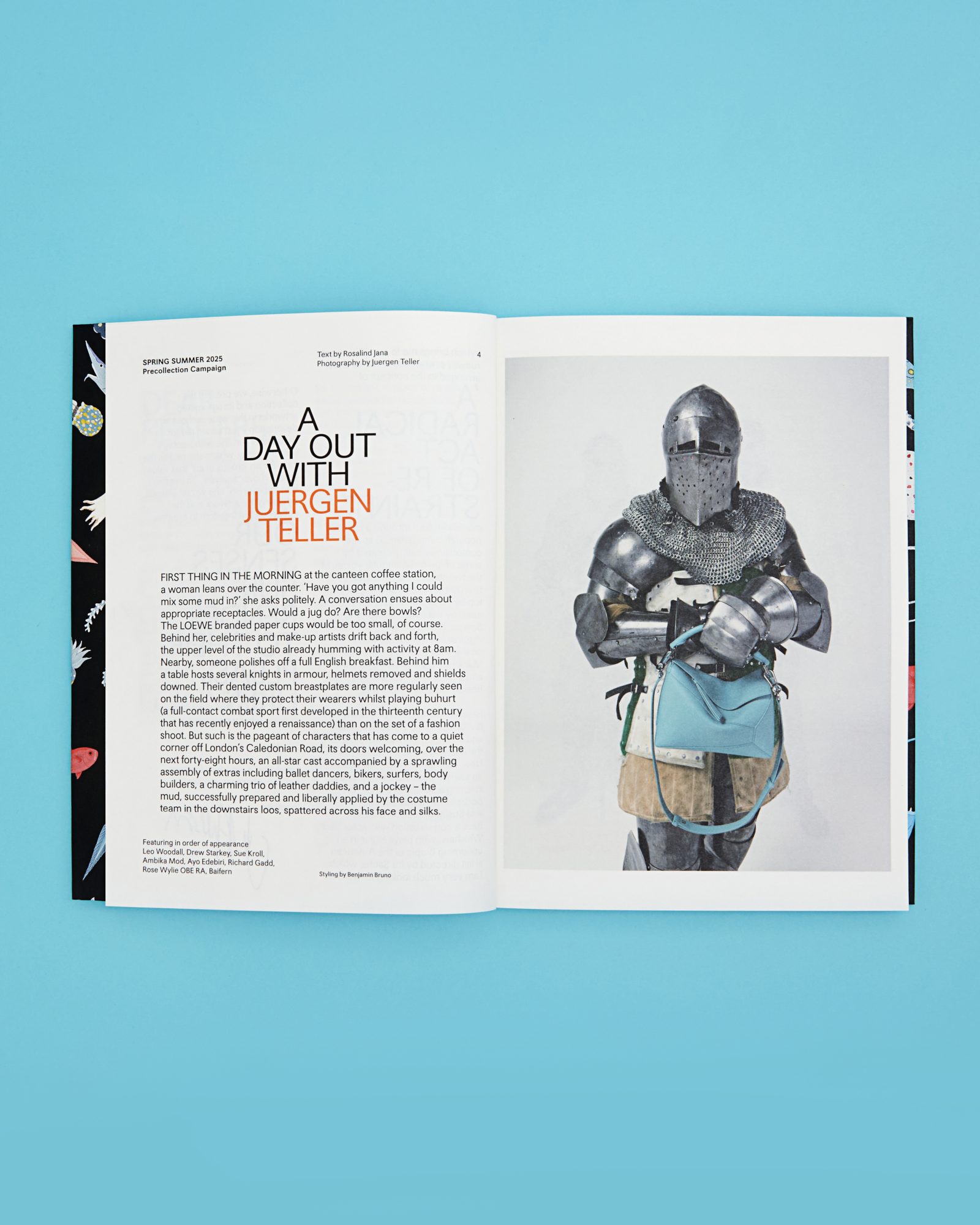 In a striking departure from typical studio fashion photography, Teller captures a fully armored knight, merging the medieval with the modern. This surprising juxtaposition sets the tone for LOEWE's unconventional Spring–Summer 2025 campaign.