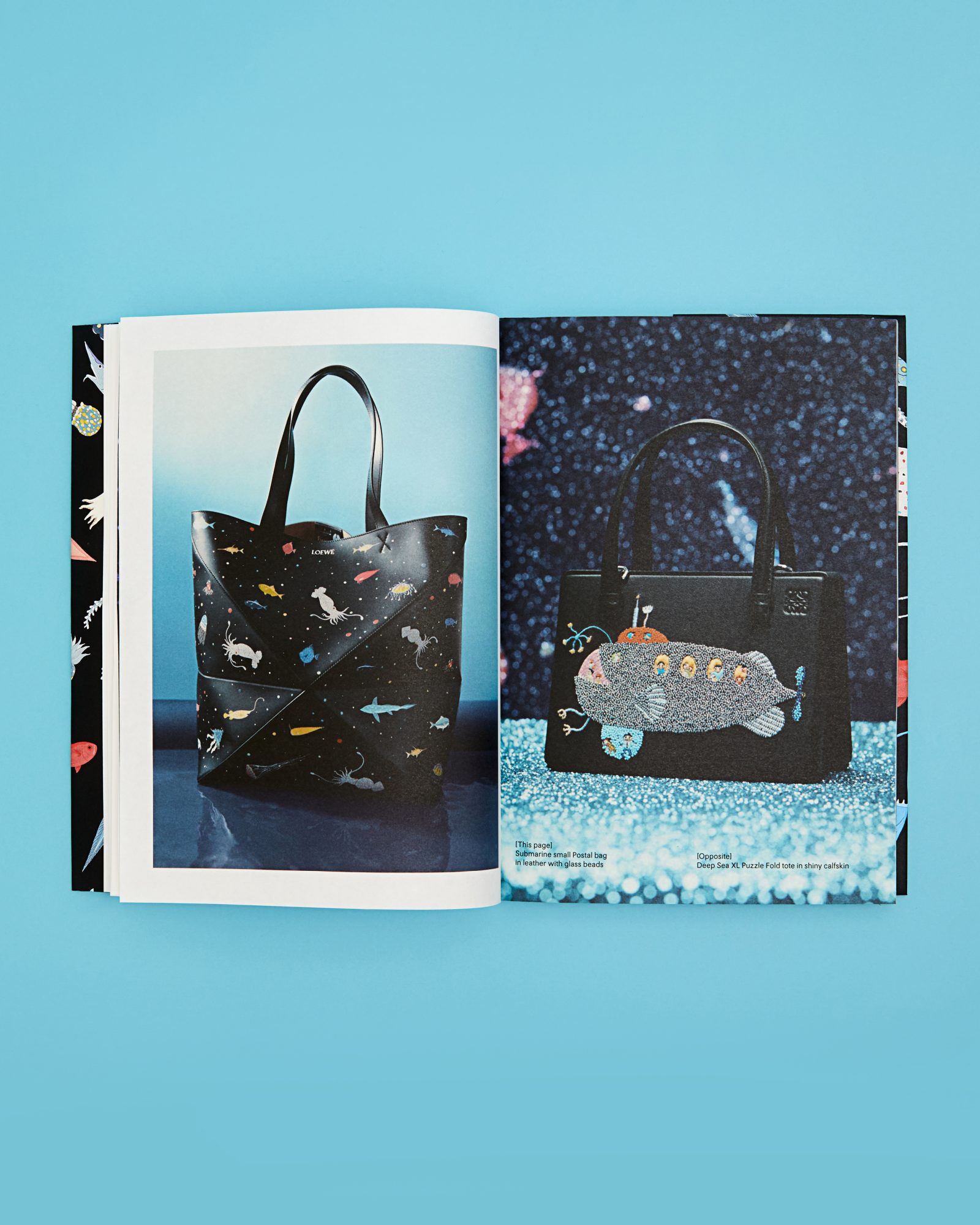 The return of Japanese ceramicist Suna Fujita’s collaboration with LOEWE adds a whimsical touch, with deep-sea motifs adorning totes that transform functional accessories into aquatic fantasies set against a starlit backdrop.