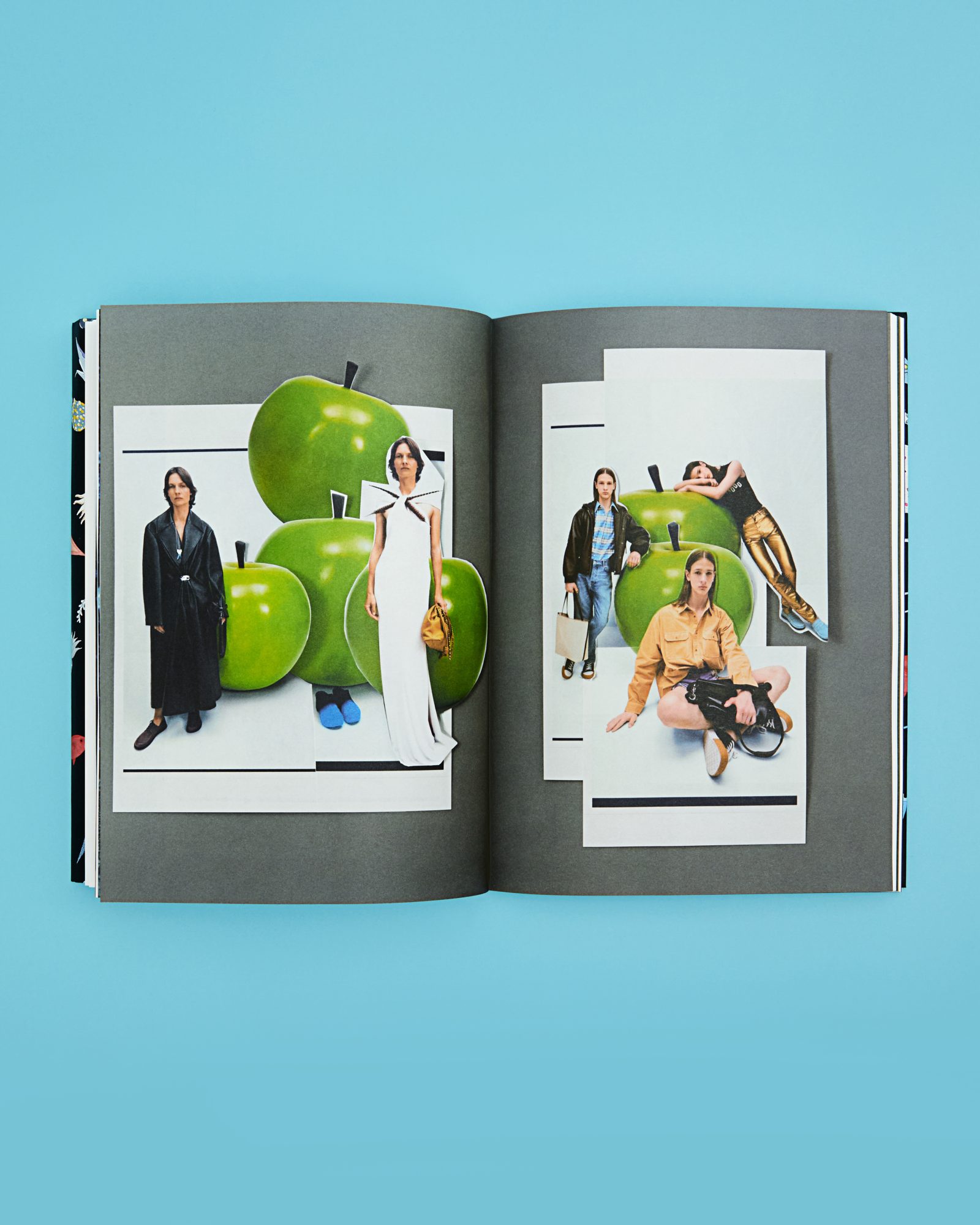 Teller's signature stark setting blends with surrealist compositions: oversized green apples paired with minimalist fashion reflect the brand’s playful manipulation of scale and proportion.
