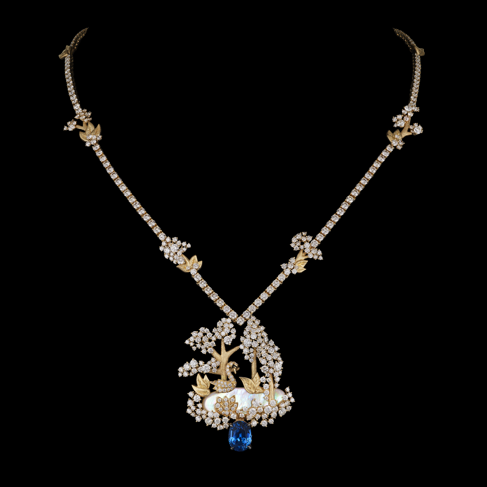 One necklace, crafted from yellow gold, diamonds, sapphires, and mother-of-pearl, evokes the serene beauty of dawn on a lake, seamlessly incorporating Dior’s iconic design language.