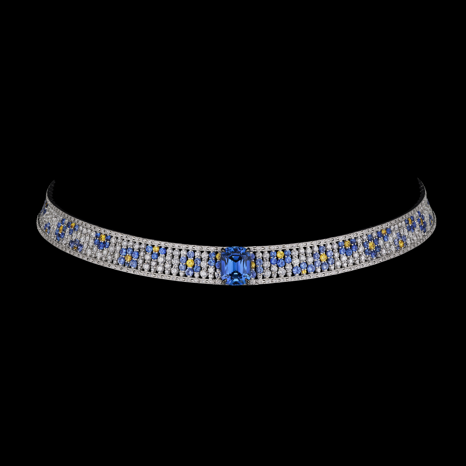 Expertly fashioned from white gold, diamonds, tanzanites, and a dazzling mix of blue and yellow sapphires, this necklace exemplifies Dior’s unparalleled craftsmanship and sophisticated use of color.