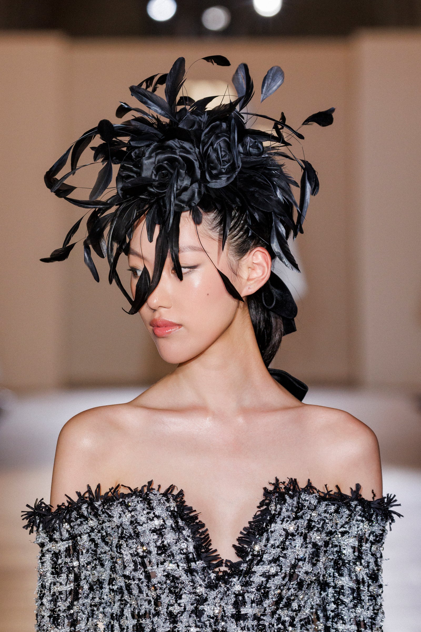Black silk roses & feather crown