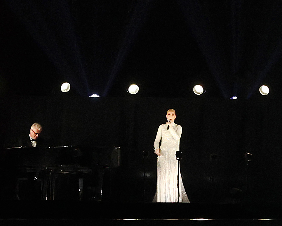 Canadian Singer Celine Dion performs on the Eiffel Tower as the conclusion of the opening ceremony of the Olympic Games Paris 2024 on July 26, 2024 in Paris, France. (Photo by Jamie Squire/Getty Images)