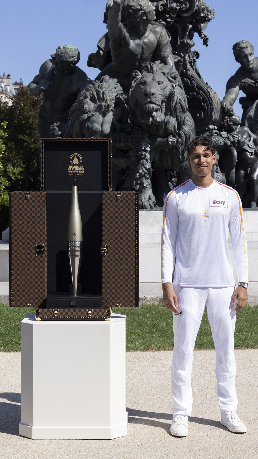 The Louis Vuitton Torch Trunk makes a stunning appearance with French rapper, Georgio at the Paris 2024 Paralympics at the historic Place de la Nation in Paris, France on August 28th, 2024 (Image: © David Atlan / Louis Vuitton)