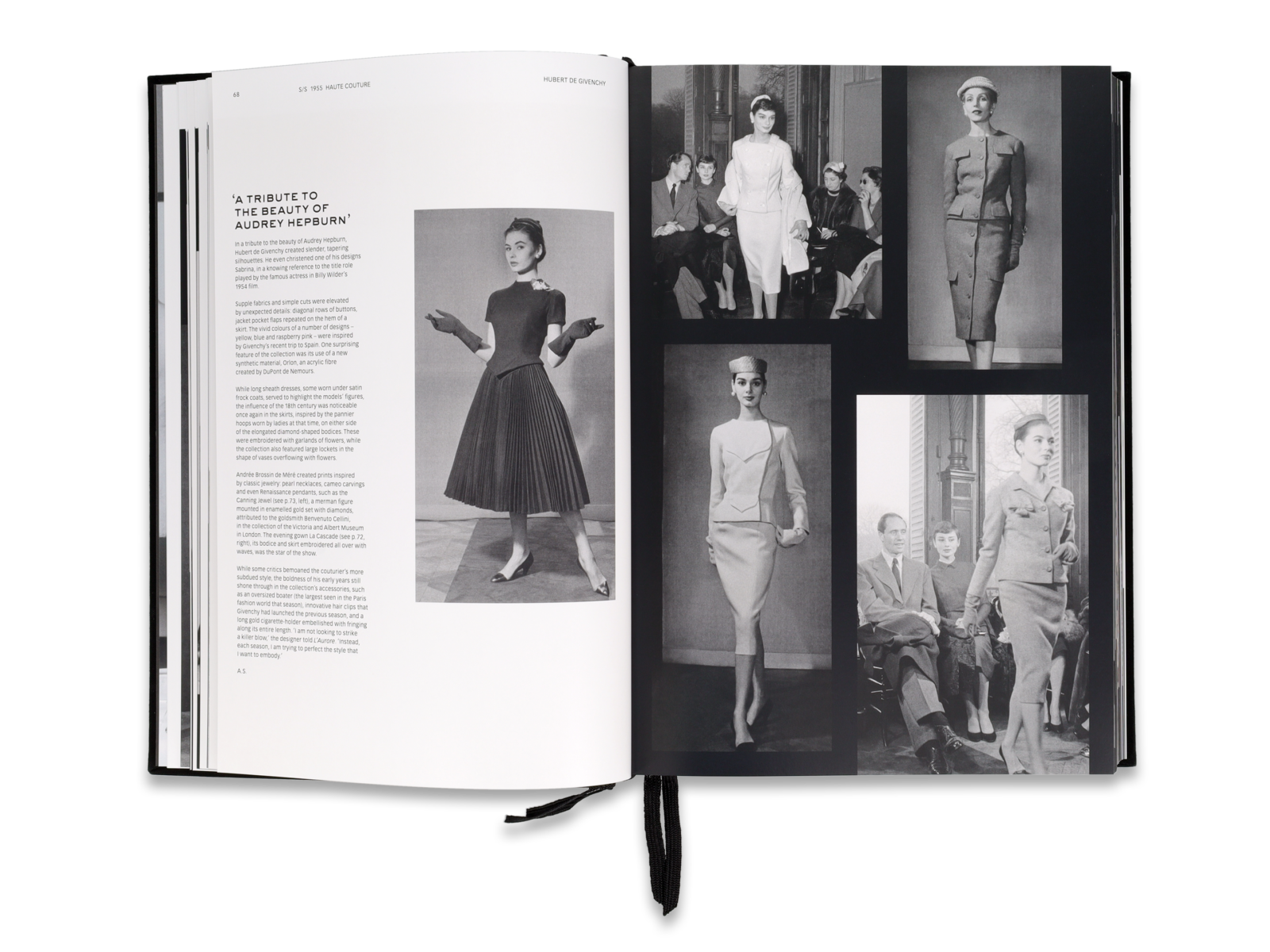 Pages from 'Givenchy: The Complete Collections' showcasing a tribute to Audrey Hepburn's timeless style, as captured in the elegant designs of Hubert de Givenchy's Haute Couture Spring-Summer 1959 collection.