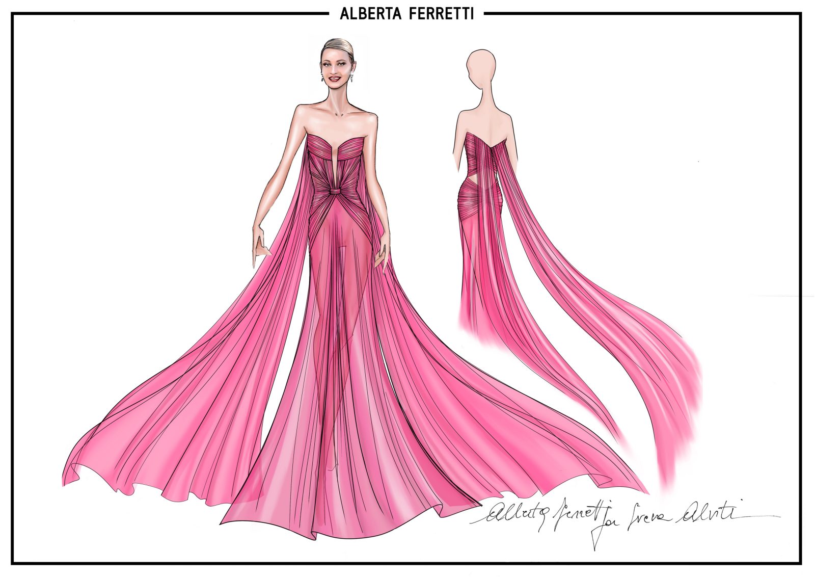 The Alberta Ferretti atelier studio sketch of the gown worn by 81st Venice Film Festival godmother and soon to-be-director, Sveva Alviti
