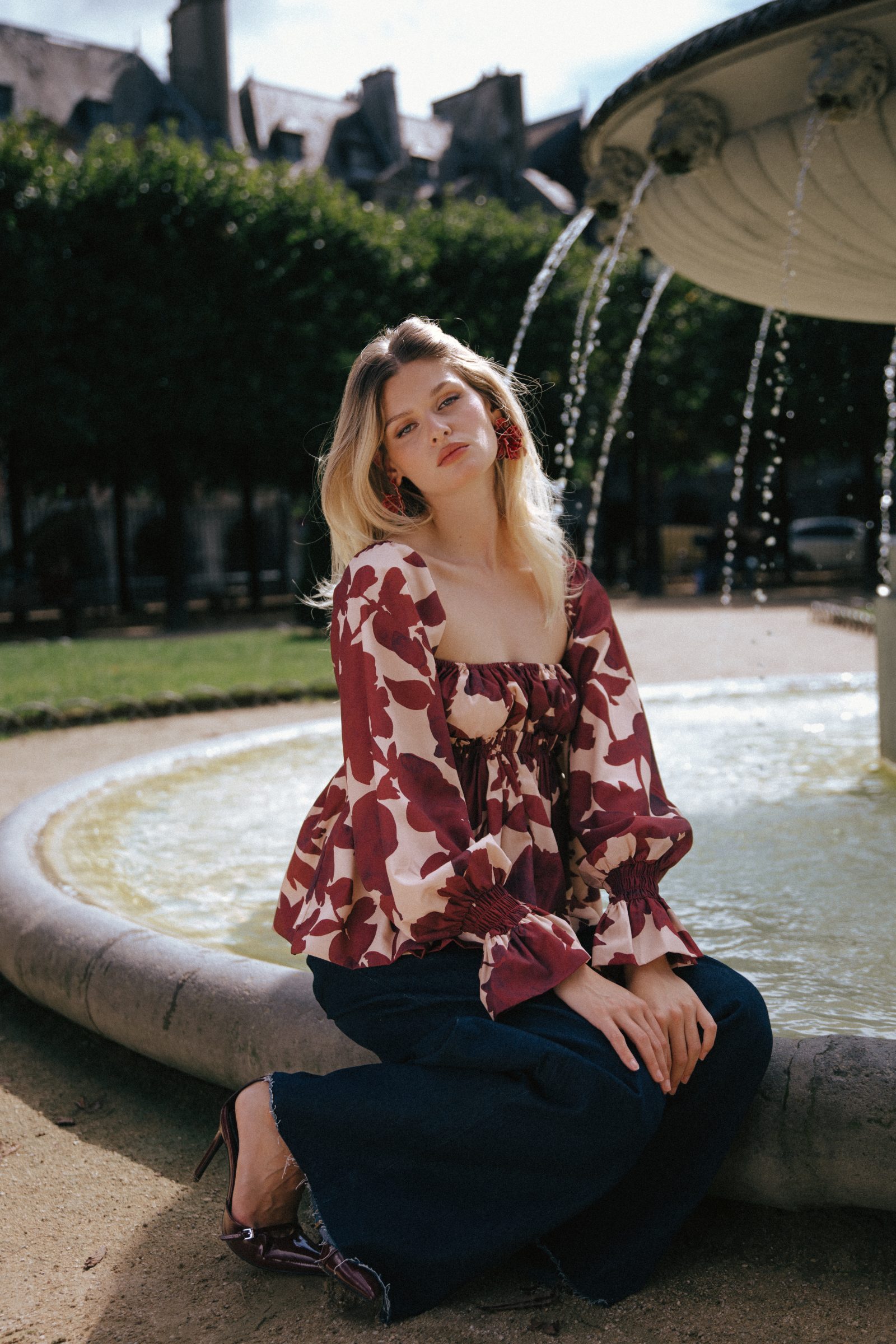 Parisian gardens inspire Phème Paris' Chinese peony print blouse, featuring dramatic balloon sleeves and a romantic square neckline for Winter 2024 (Image: Phème Paris)