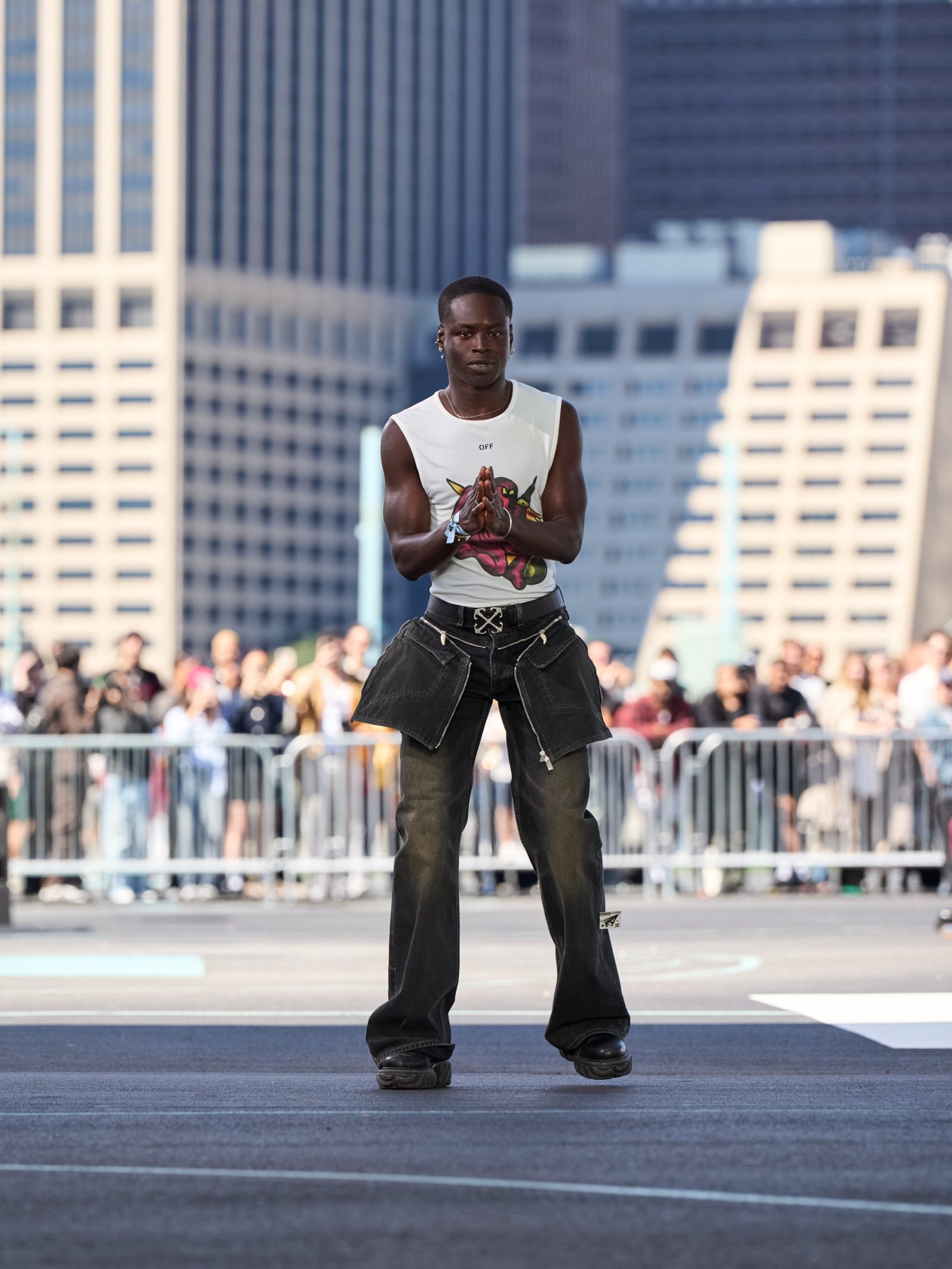 Creative Director Ib Kamara takes a triumphant bow at the close of the Off-White SS25 show in New York.