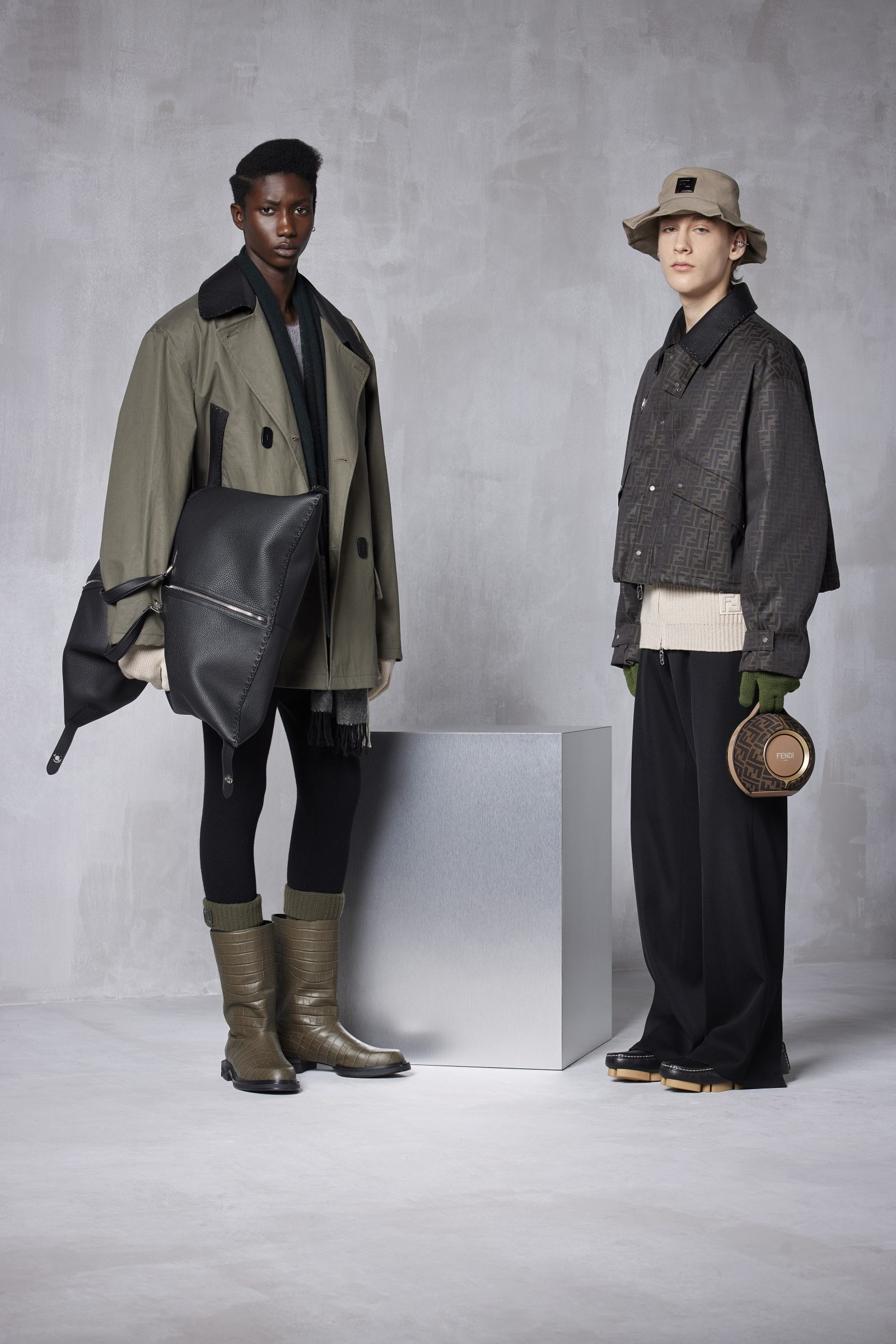 The FENDI Large Siesta bag is seen unfurled as a pillow bag, on left.