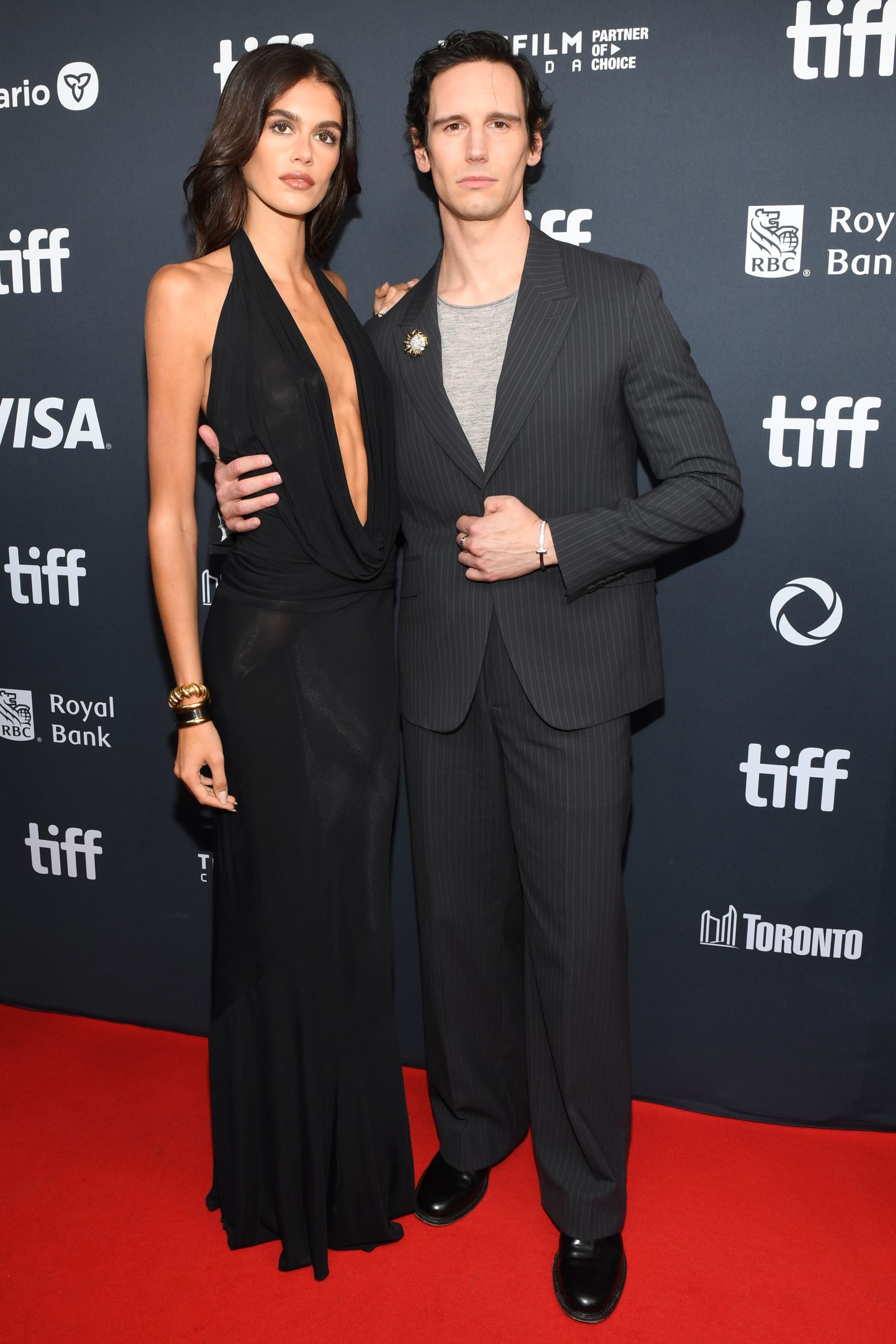 (L-R) Kaia Gerber and Cory Michael Smith attend the premiere of "Saturday Night" during the 2024 Toronto International Film Festival at Royal Alexandra Theatre on September 10, 2024 in Toronto, Ontario. (Photo by Sonia Recchia/Getty Images)