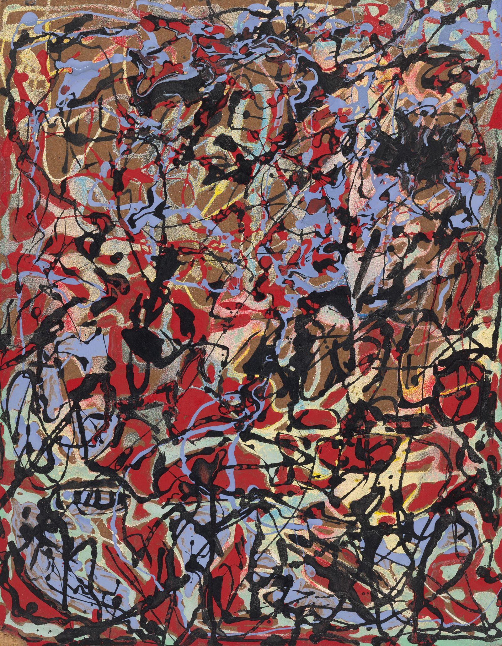 Janet Sobel, Untitled, ca. 1946–48. Enamel and sand on board, 17 5/16 × 14 in. (43.9 × 35.6 cm). The Menil Collection, Houston, Gift of Leonard Sobel and Family. © Janet Sobel. Photo: James Craven