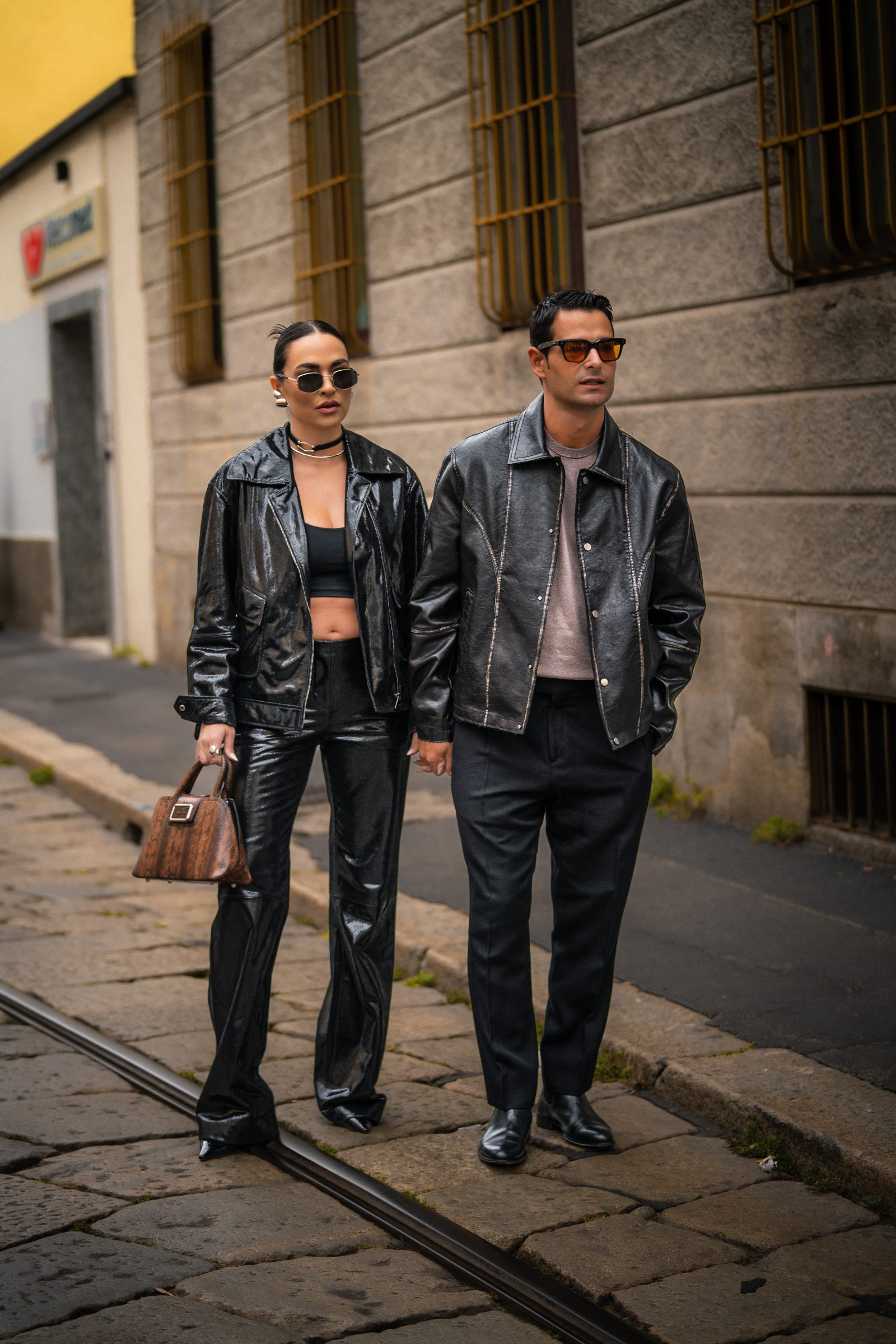 Giulia Gaudino and Frank Gallucci arrives at Alberta Ferretti’s Spring-Summer 2025 runway show in Milan (Image: Riccardo Perdisa for Rain Magazine).