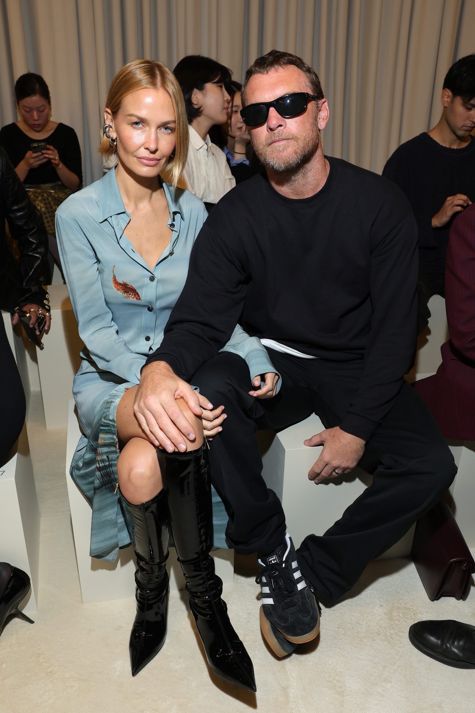 Lara Worthington and Sam Worthington are seen front row at the Ferragamo Spring Summer 2025 Fashion Show during the Milan Fashion Week Spring/Summer 2025 on September 21, 2024 in Milan, Italy. (Photo by Jacopo M. Raule/Getty Images for Ferragamo)