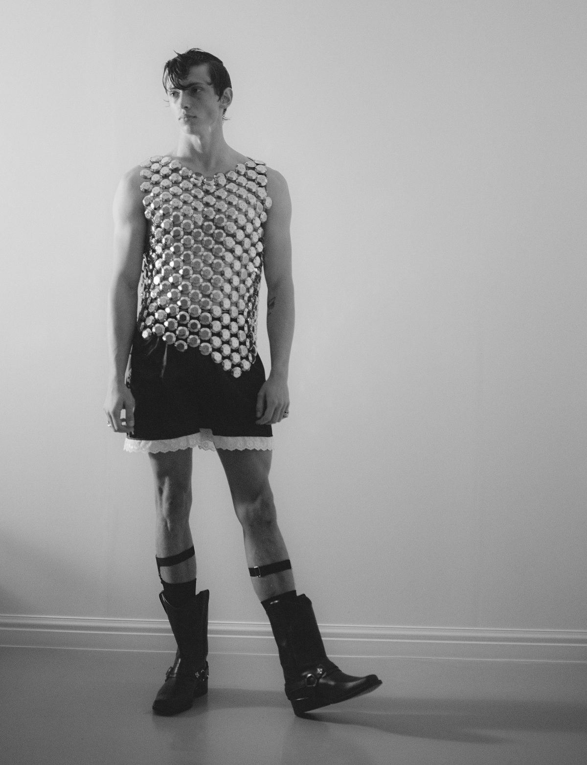 Top by SEFAN COOKE, shorts by ADAM JONES, boots by TOGA VIRILIS