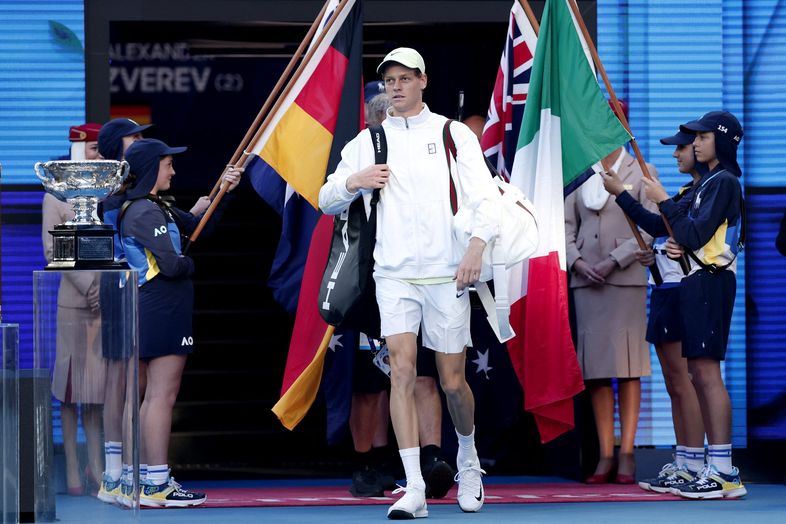 Jannik Sinner, carrying the custom HEAD x Gucci duffle bag, enters Rod Laver Arena ahead of his victory over Alexander Zverev in the Australian Open men's singles final. (Photo: Martin Keep/AFP/Getty Images)