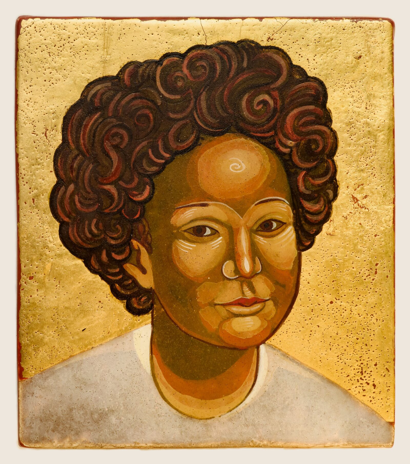 Nestor Topchy Iconic Portrait Strand (Kiya Kim), 2008–22 Egg tempera and gold leaf on gesso over cloth on plywood Collection of the artist © Nestor Topchy Photo: Caroline Philippone