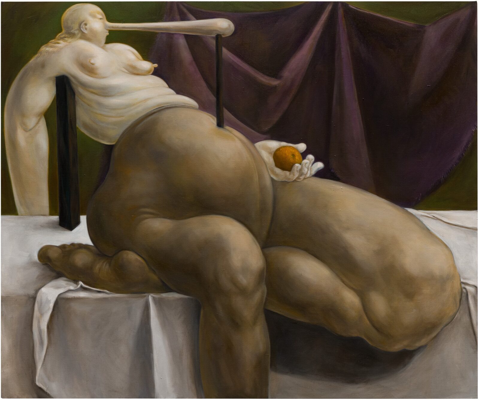 Louise Bonnet Figure Holding an Orange, 2023 Oil on linen 60 x 72 inches (152.4 x 182.9 cm) © Louise Bonnet Photo: Ed Mumford Courtesy Gagosian