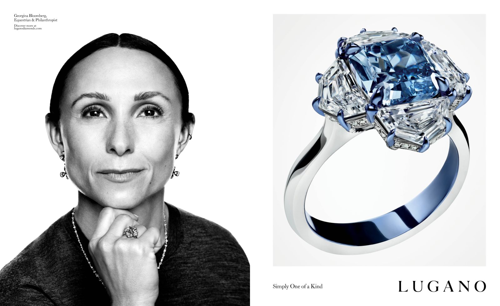 Georgina Bloomberg wears Lugano's one-of-a-kind blue diamond ring (Photo by Platon)