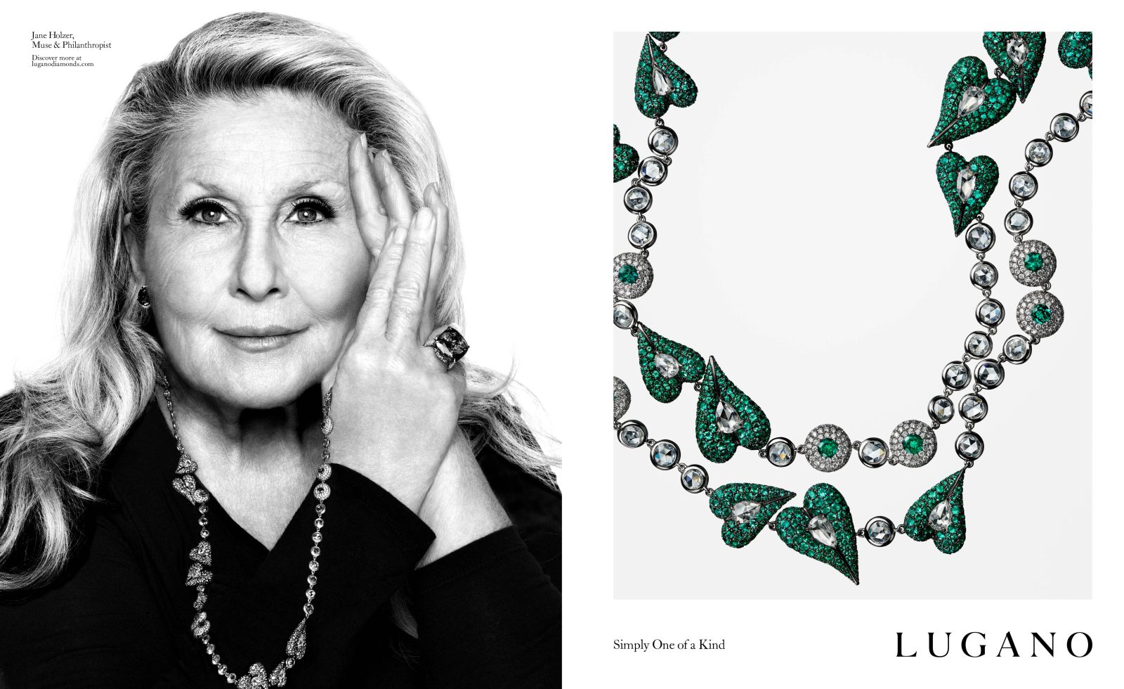 Jane Holzer wears Lugano's emerald and diamond necklace featuring rare Colombian stones in the newly unveiled campaign (Photo by Platon)