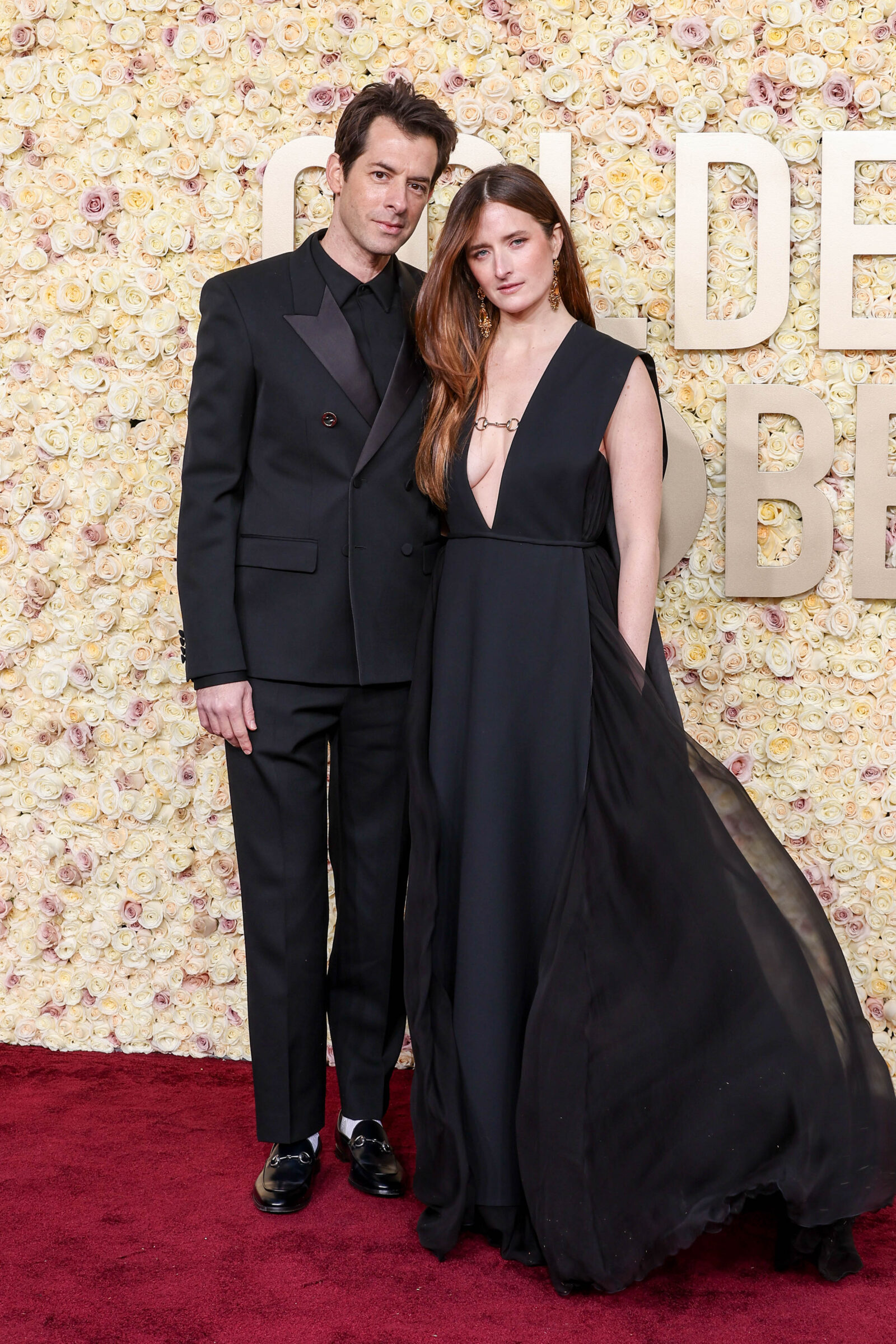 Mark Ronson, alongside Grace Gummer, exudes elegance in Gucci's custom attire at the Golden Globes, reflecting Sabato De Sarno's exquisite tailoring. (Photo by John Salangsang/Golden Globes 2024/Golden Globes 2024 via Getty Images)