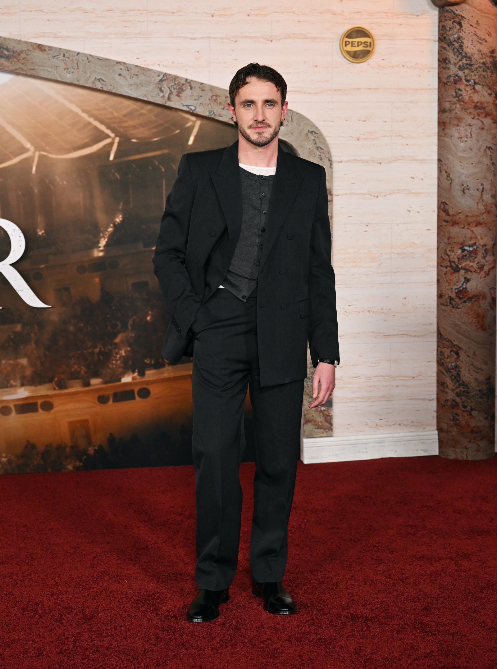 Paul Mescal arrives at the Gladiator II Los Angeles premiere dressed in Gucci at the TCL Chinese Theatre on November 18, 2024 in Los Angeles, California. (Photo by Gilbert Flores/Variety via Getty Images)