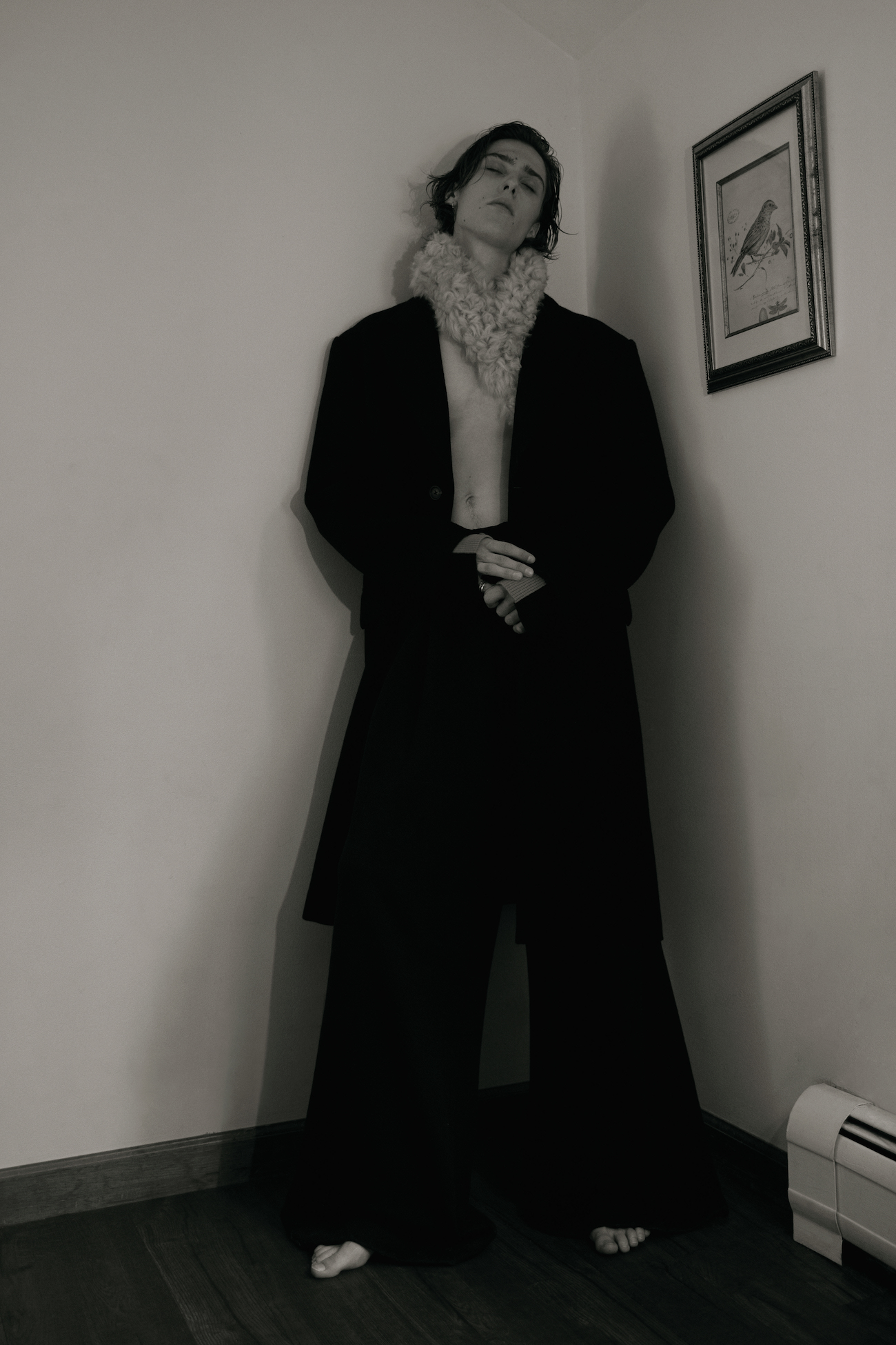 Jacket & scarf by HELMUT LANG, trousers by DRIES VAN NOTEN, rings, stylist's own