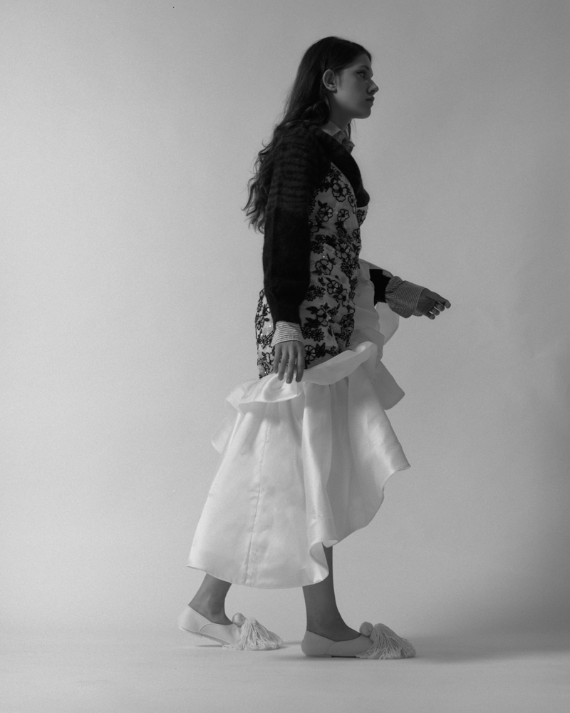 dress by RODARTE, cardigan by TOGA ARCHIVES, shirt stylist’s own, shoes by JIL SANDER