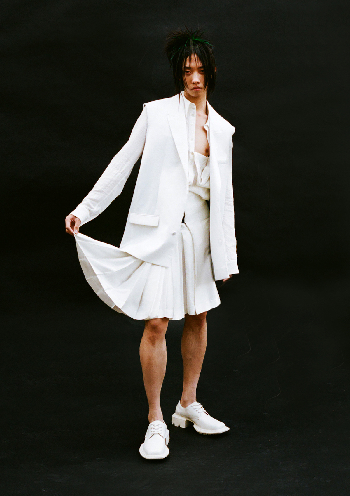 Jacket, shirt, and skirt by JORDANLUCA, shoes by UNTITLAB