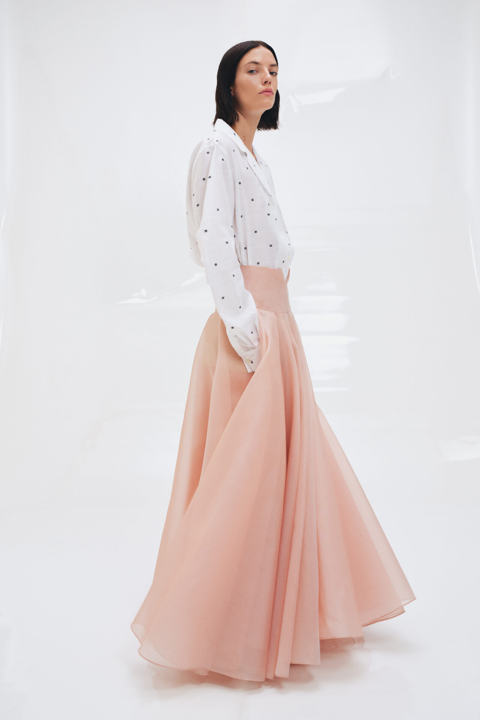 Subtle Elegance: A Polished Ensemble Merging Classic Polka Dots with a Graceful Pastel Skirt in ROCHAS' Spring-Summer 2024 Collection. "Subtle Elegance: A Polished Ensemble Merging Classic Polka Dots with a Graceful Pastel Skirt in ROCHAS