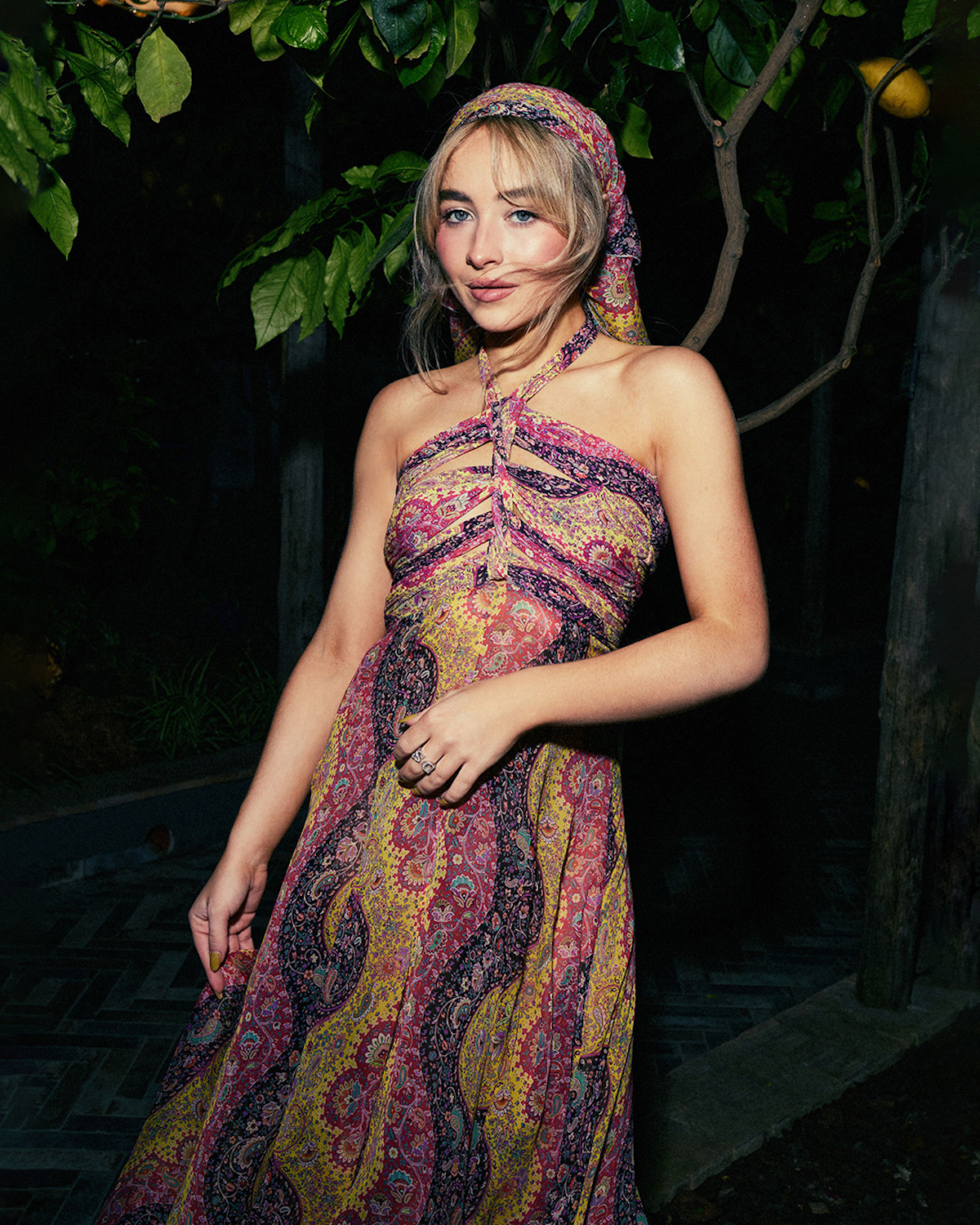 SABRINA CARPENTER IN ETRO LIQUID PAISLEY BEACH COLLECTION