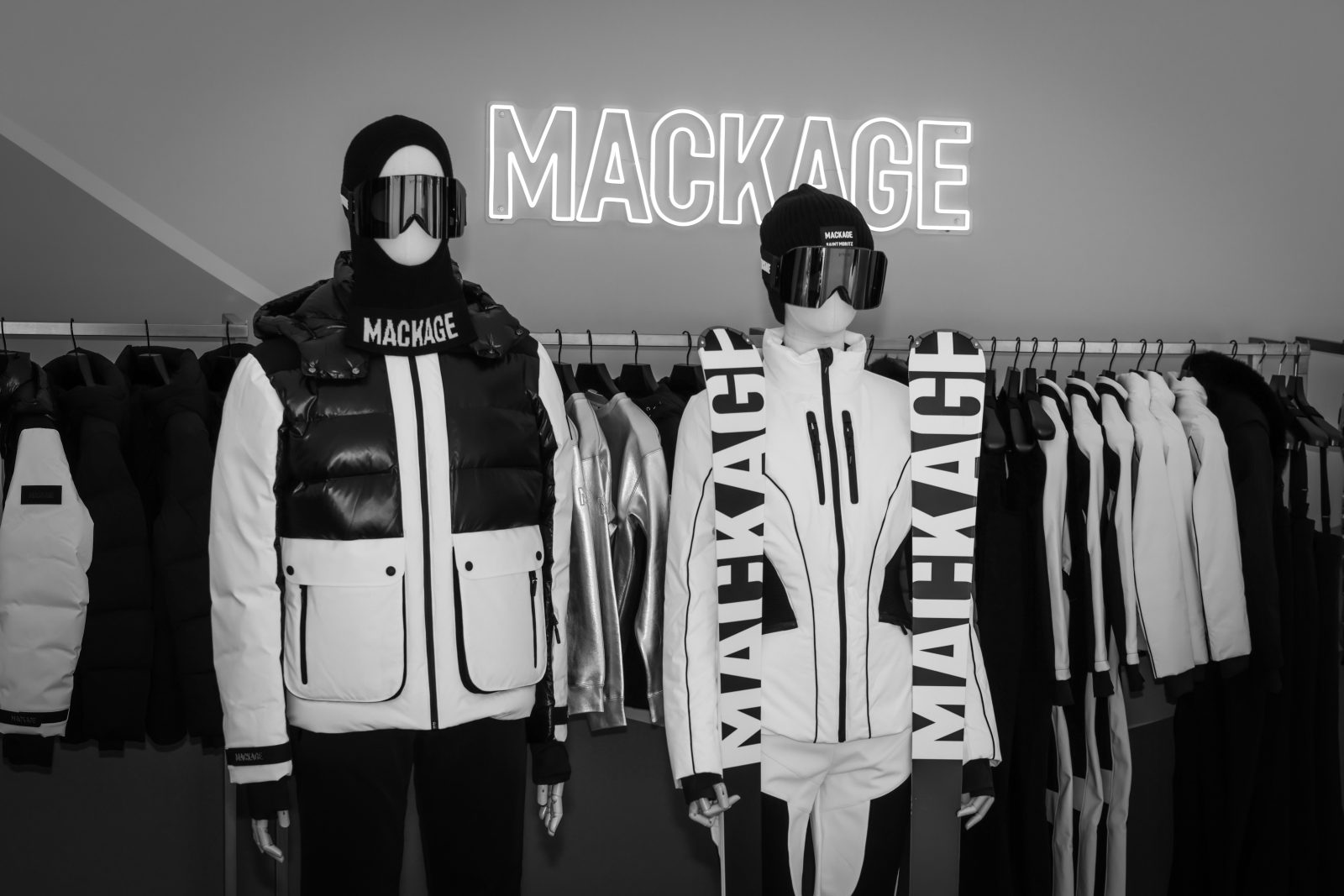 Mackage's technical collection merges form and function in a striking noir-et-blanc palette, elevating performance wear to sophistication. (Photo: Courtesy of Mackage) Mackage
