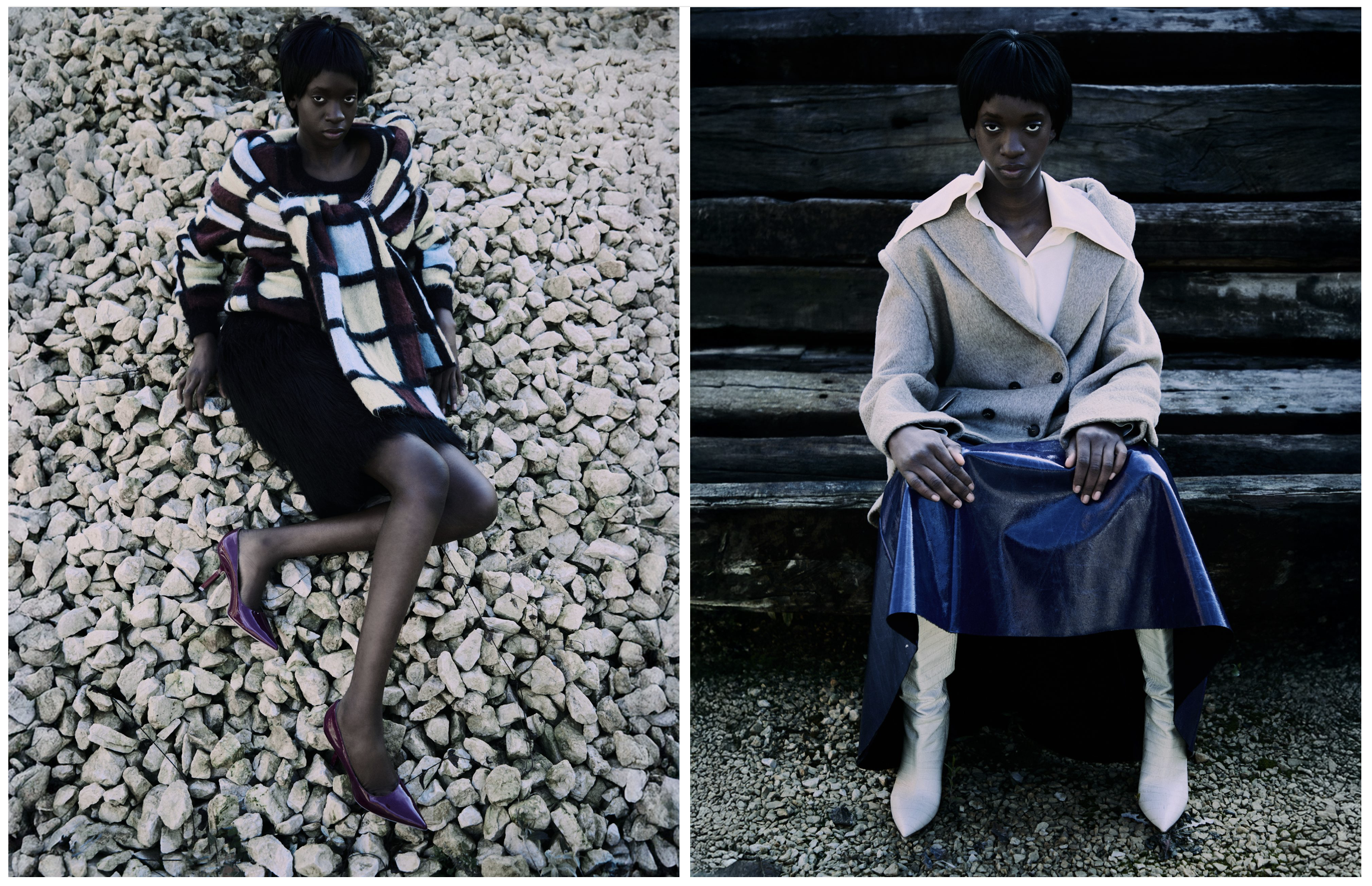 Sweater and scarf by ARTHUR ARBESSER, skirt by GIANLUCA CAPANNOLO, shoes by SEBASTIAN MILANO; Jacket by ERIKA CAVALLINI, shirt by MTOF, skirt by ERIKA CAVALLINI, shoes by PARIS TEXAS