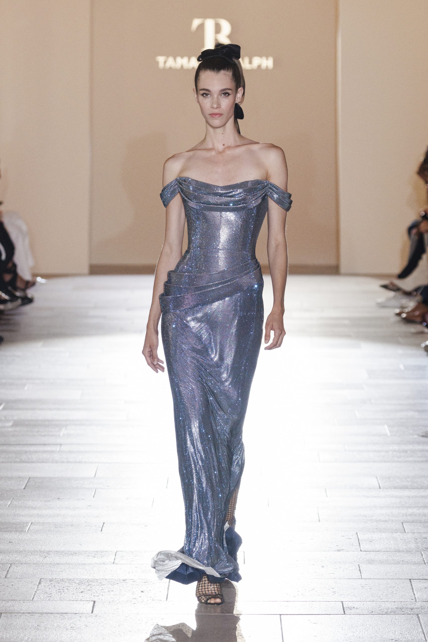 Look 14: Metallic blue draped crystal mesh gown accompanied by crystal mesh stocking boots