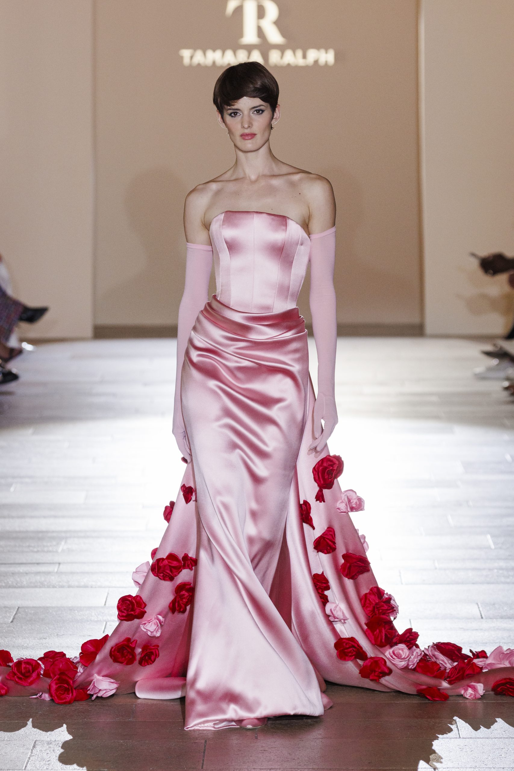 Look 31: Pink double satin draped gown adorned with handmade silk roses