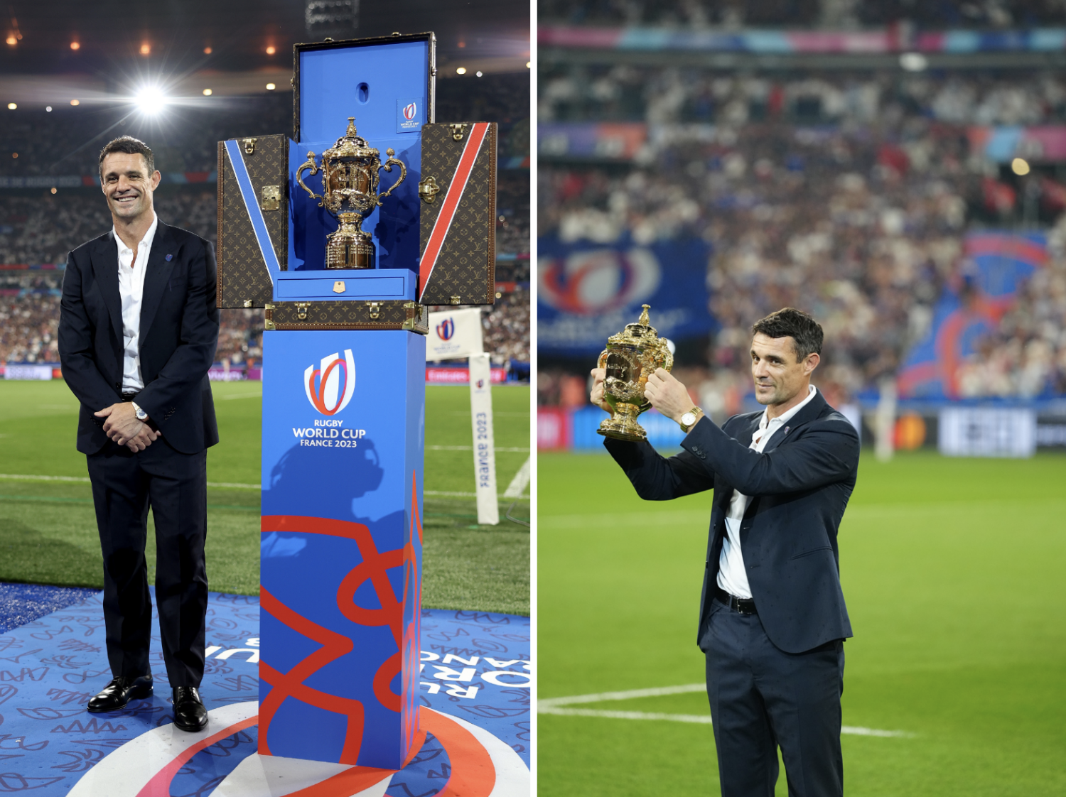 Dan Carter wears a Louis Vuitton single-breasted navy jacquard wool suit with tone on tone printed Monogram, a white polo and black Damier derbies. The look is completed with the new 18k yellow gold Tambour watch.