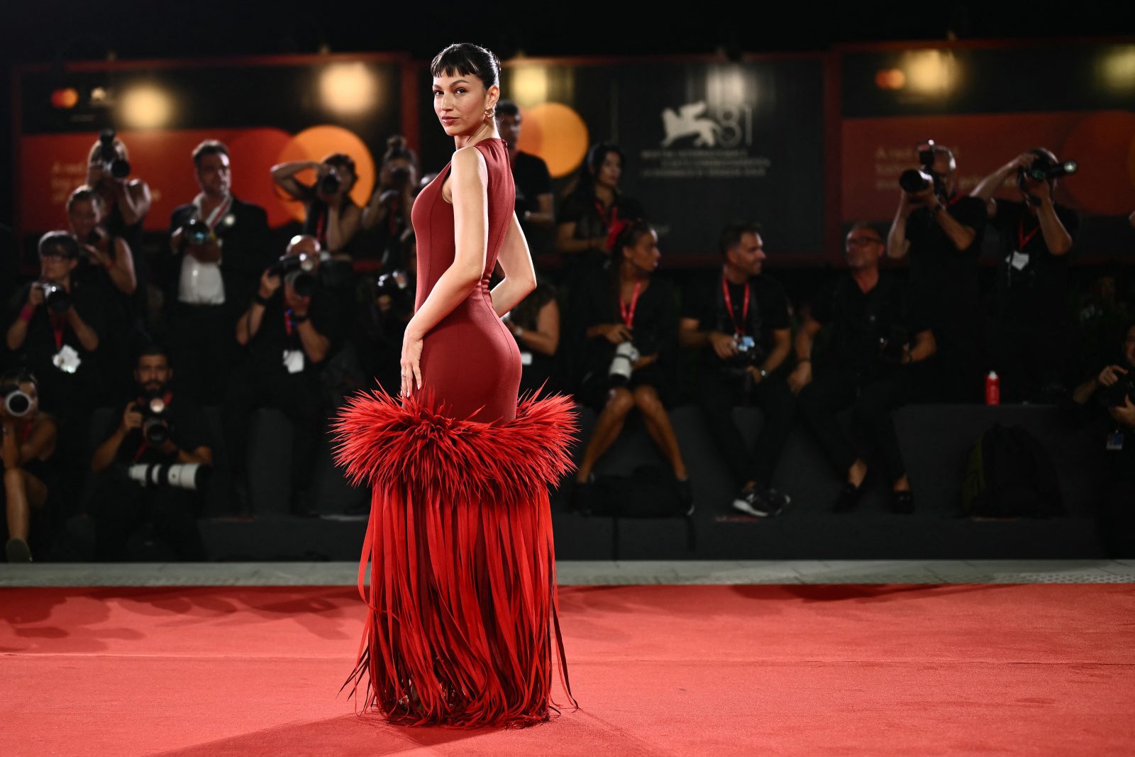 Actress Ursula Corberó attends the red carpet of the movie "El Jockey" (Kill the Jockey) presented in competition during the 81st International Venice Film Festival at Venice Lido, on August 29, 2024. (Photo by Marco BERTORELLO / AFP)