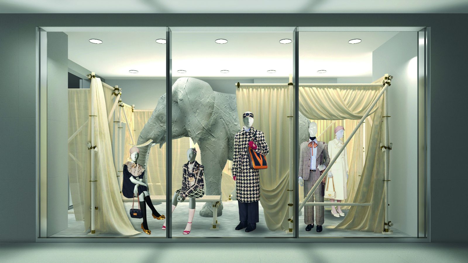 A dramatic window display rendering at Dover Street Market showcases Michele's vision through draped fabric and sculptural elements (Image: Courtesy of Maison Valentino)